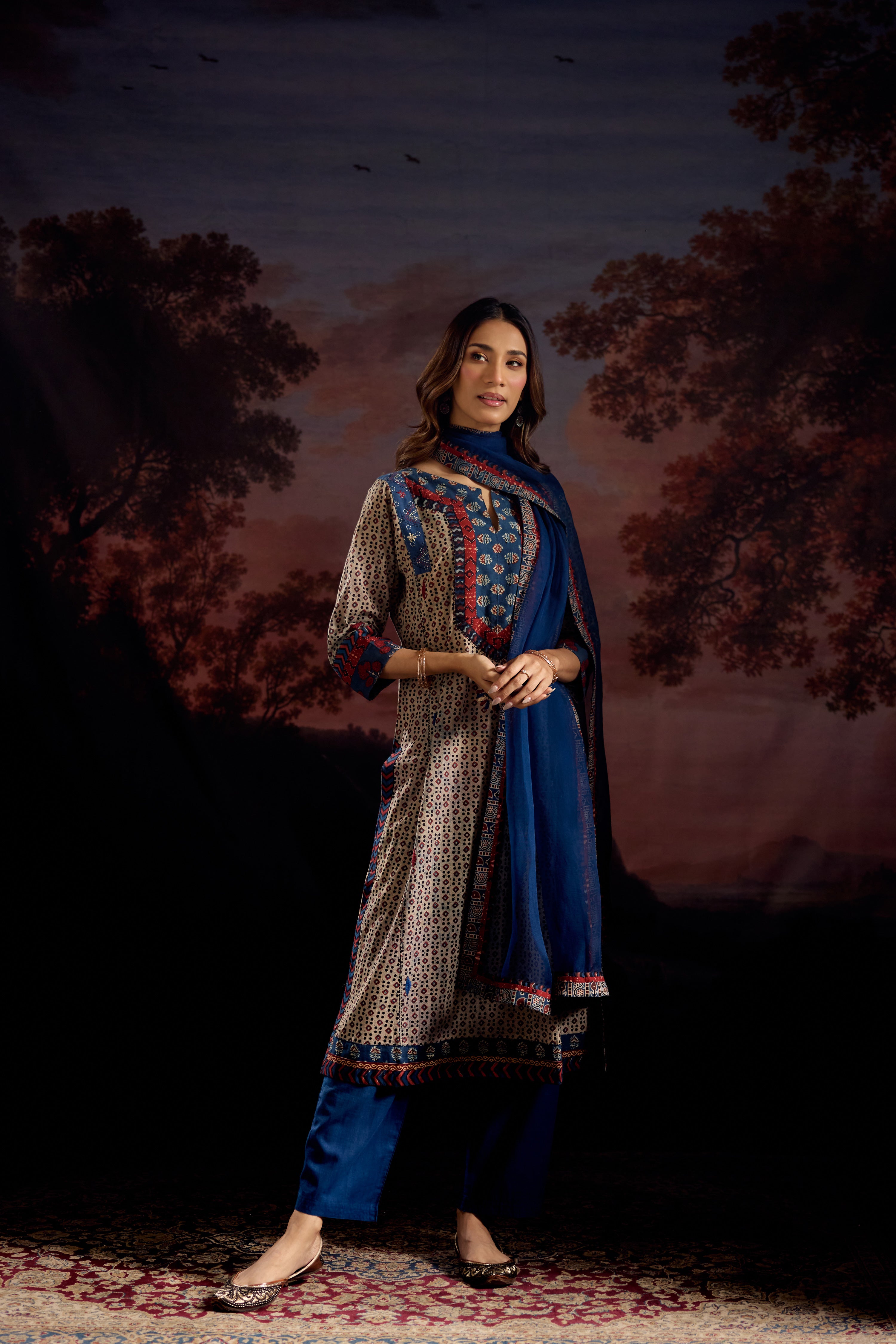 Adara Cotton Vanaspati Printed Embroidered Kurta Off Grey Blue (Set Of 3)