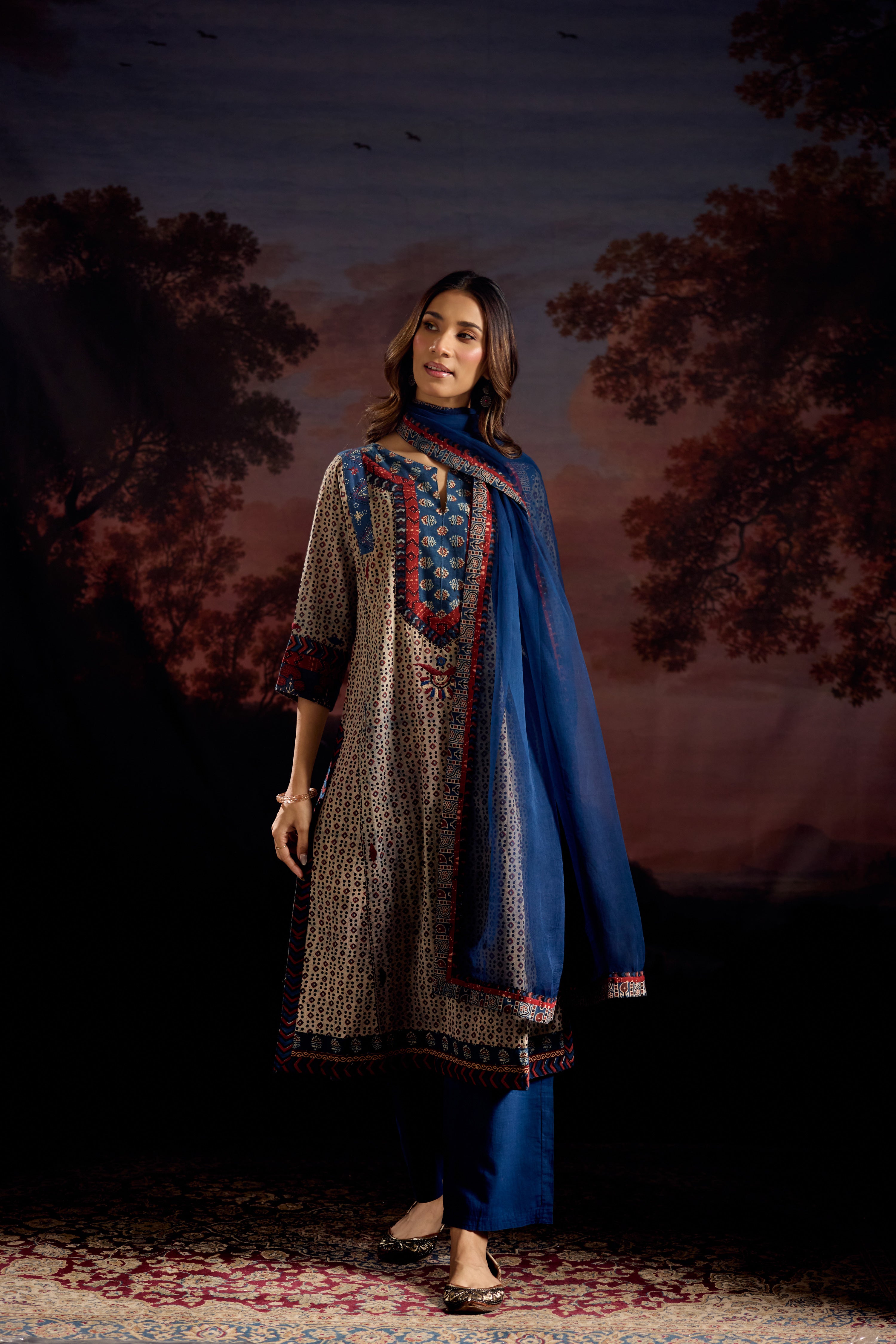 Adara Cotton Vanaspati Printed Embroidered Kurta Off Grey Blue (Set Of 3)