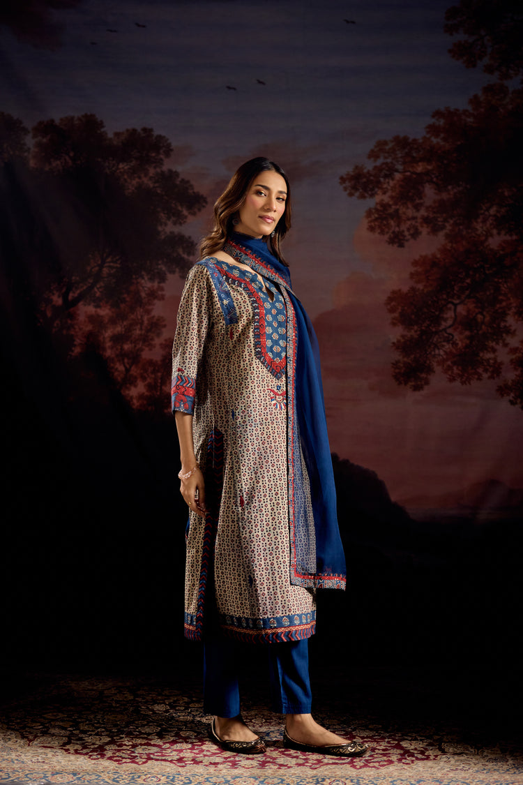 Adara Cotton Vanaspati Printed Embroidered Kurta Off Grey Blue (Set Of 3)