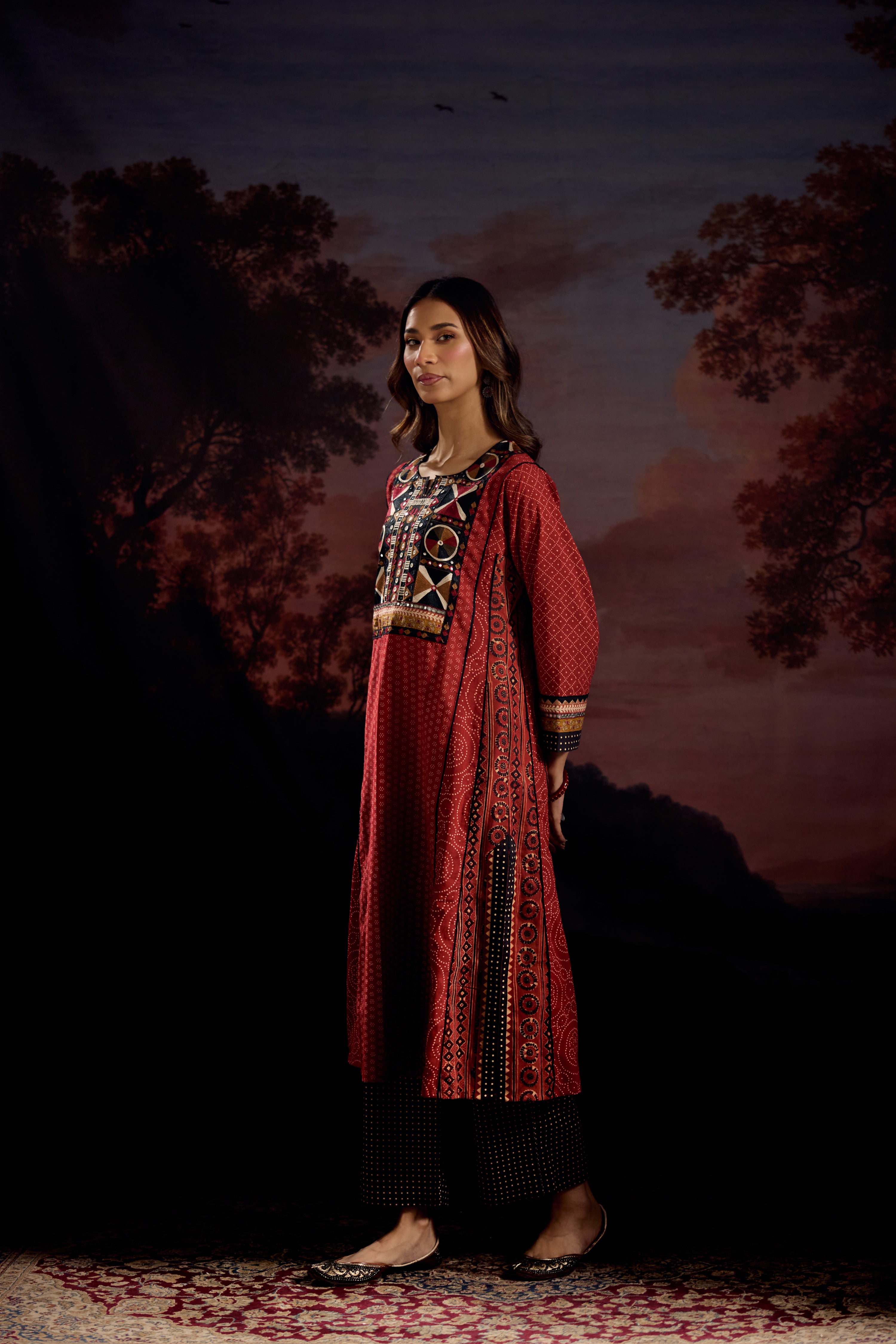 Adya Cotton Ajrakh Printed Embroidered Kurta Maroon