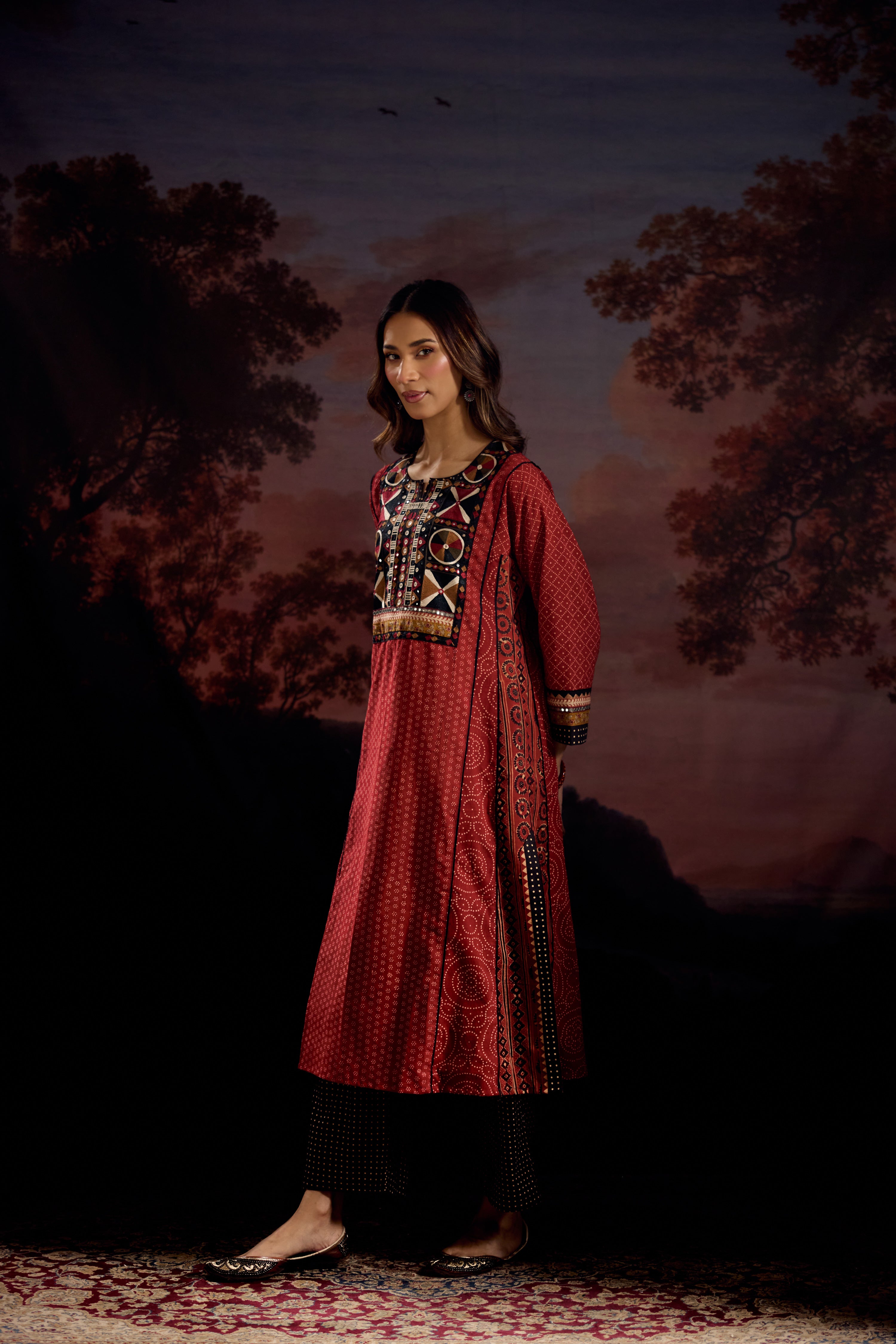 Adya Cotton Ajrakh Printed Embroidered Kurta Maroon