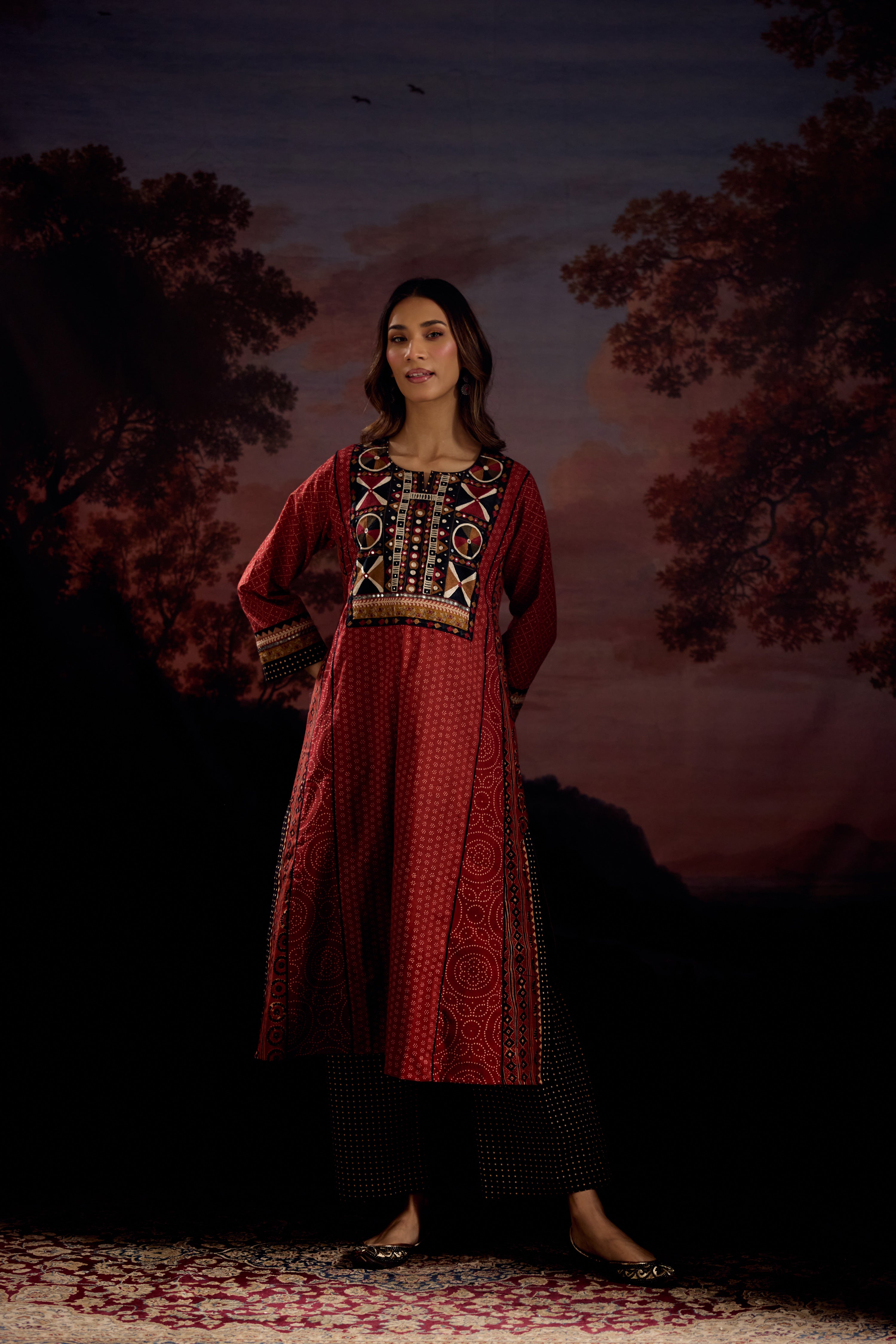 Adya Cotton Ajrakh Printed Embroidered Kurta Maroon