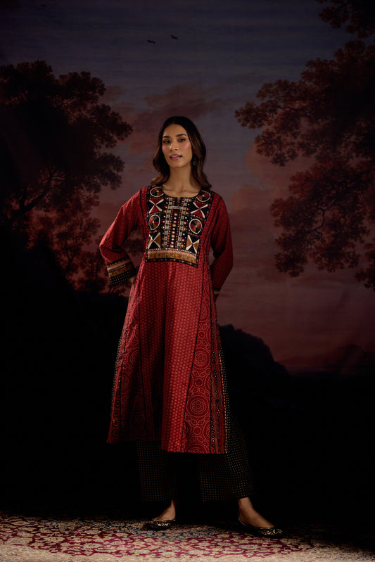 Adya Cotton Ajrakh Printed Embroidered Kurta Maroon