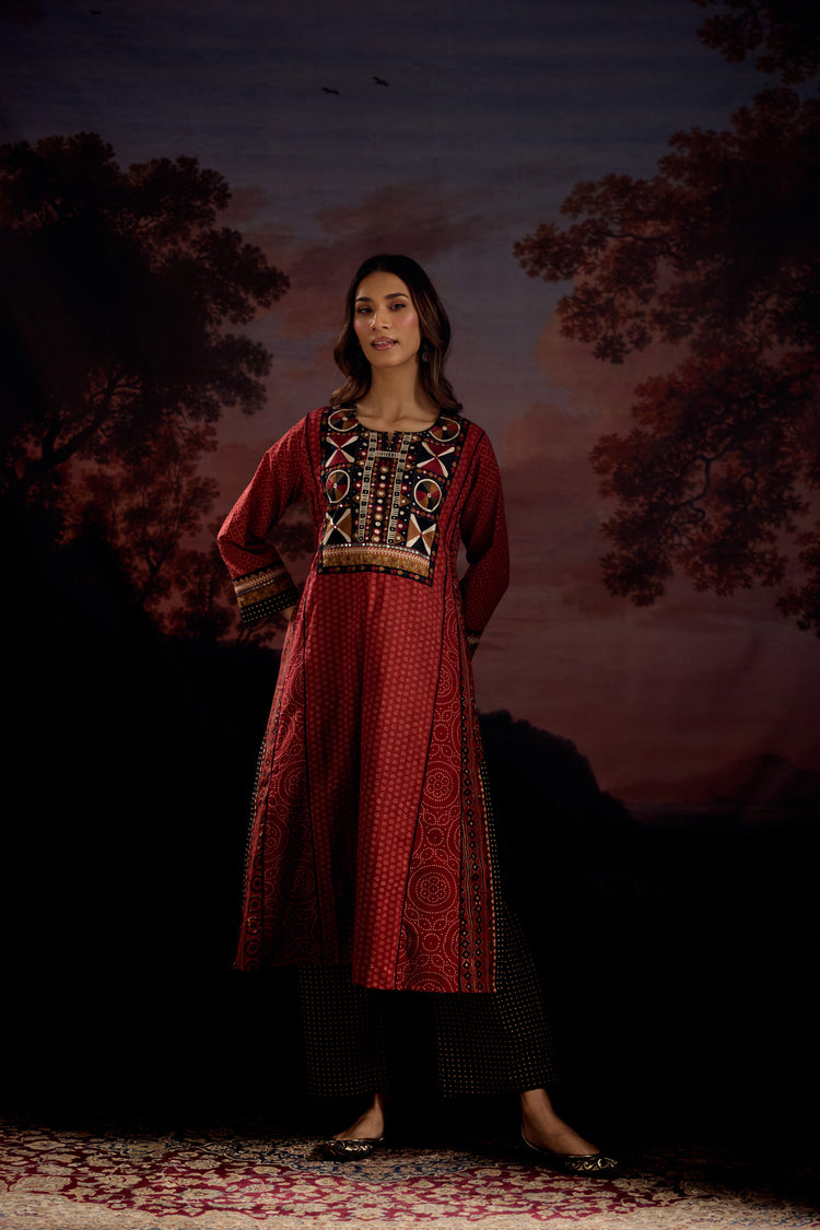 Adya Cotton Ajrakh Printed Embroidered Kurta Maroon