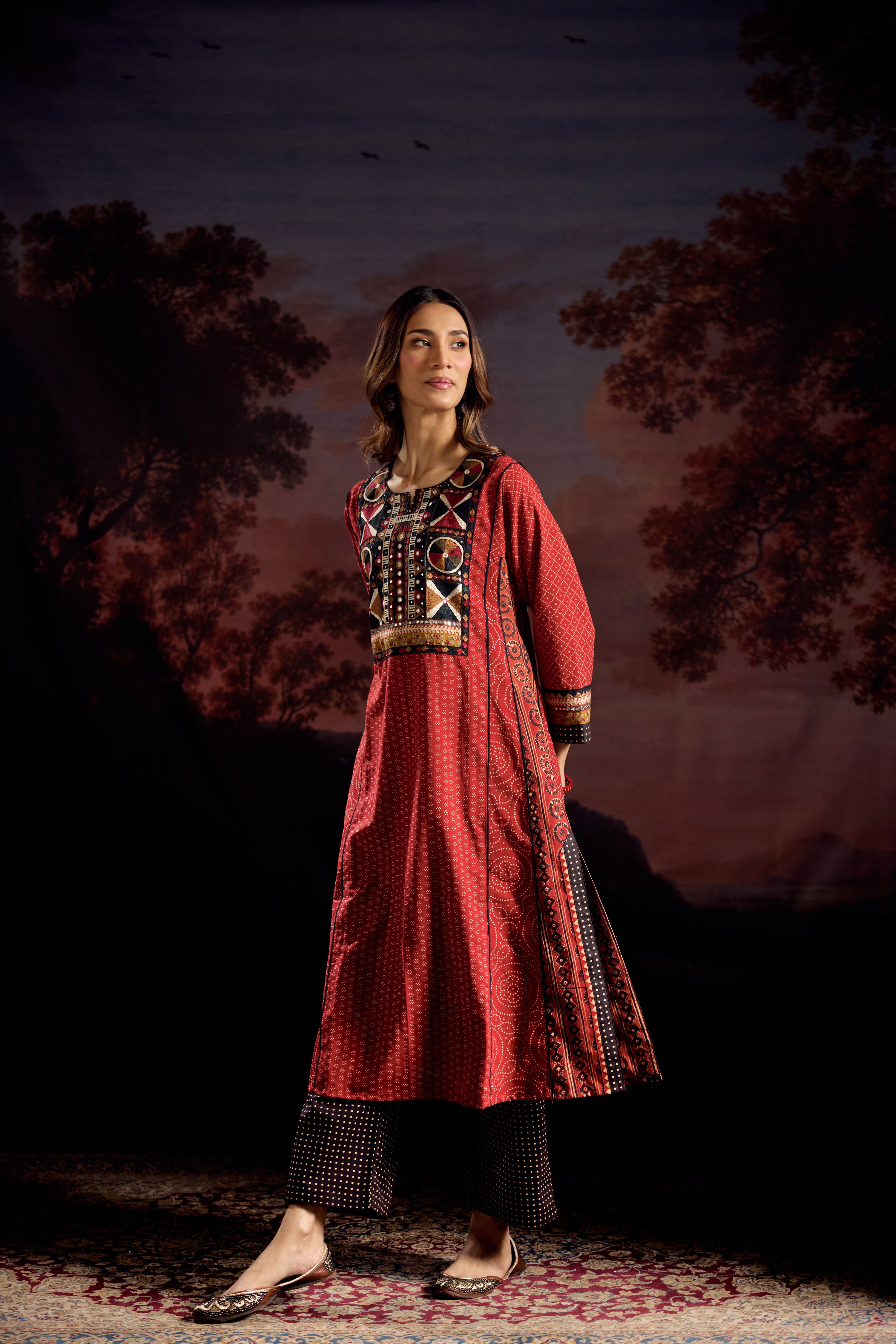 Adya Cotton Ajrakh Printed Embroidered Kurta Maroon
