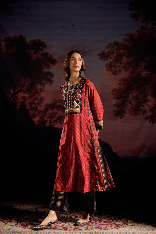 Adya Cotton Ajrakh Printed Embroidered Kurta Maroon