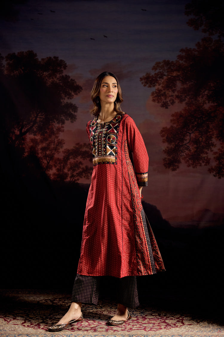 Adya Cotton Ajrakh Printed Embroidered Kurta Maroon