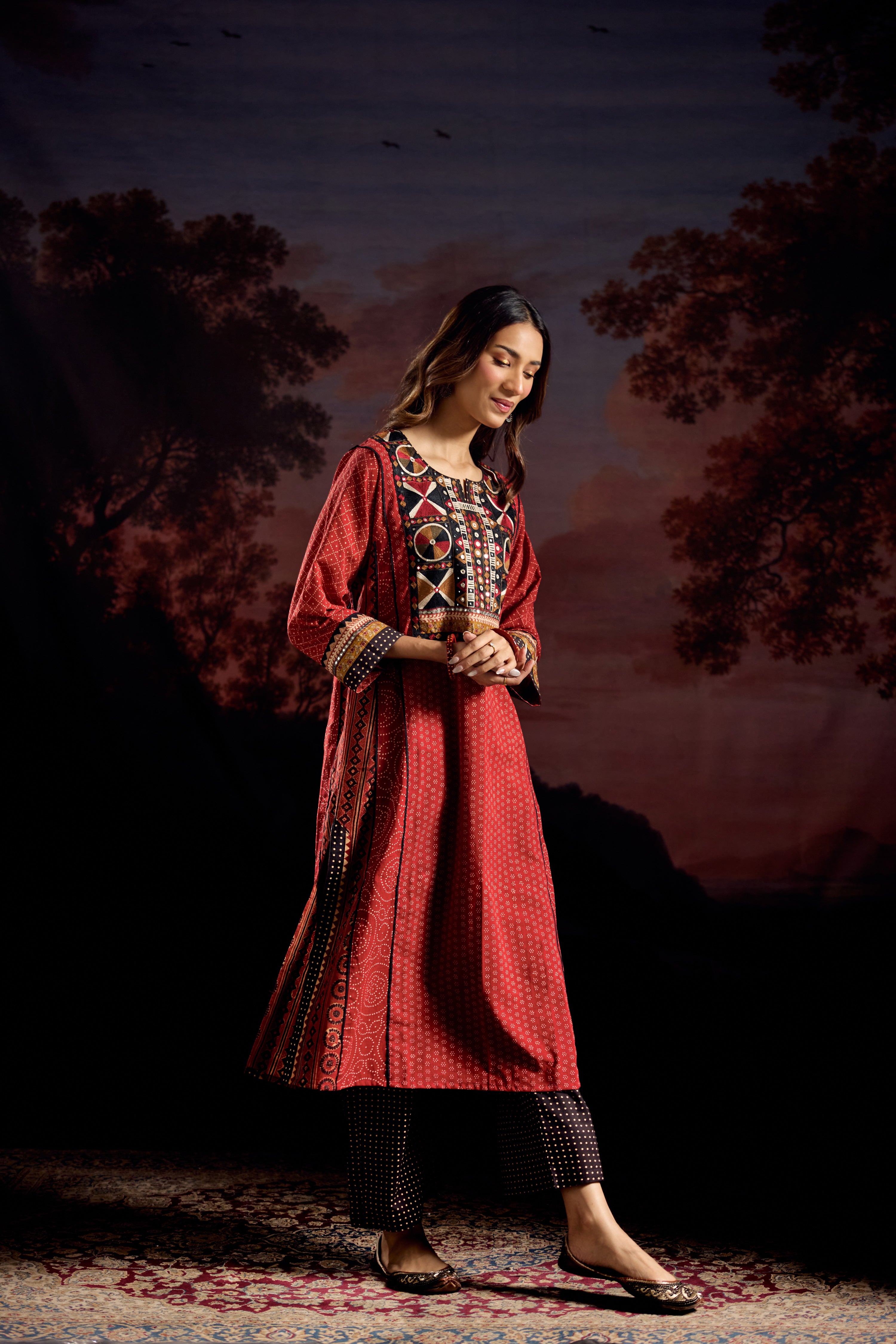 Adya Cotton Ajrakh Printed Embroidered Kurta Maroon