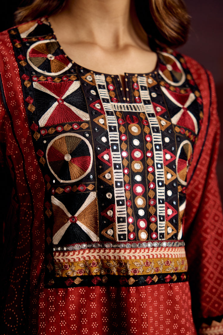 Adya Cotton Ajrakh Printed Embroidered Kurta Maroon