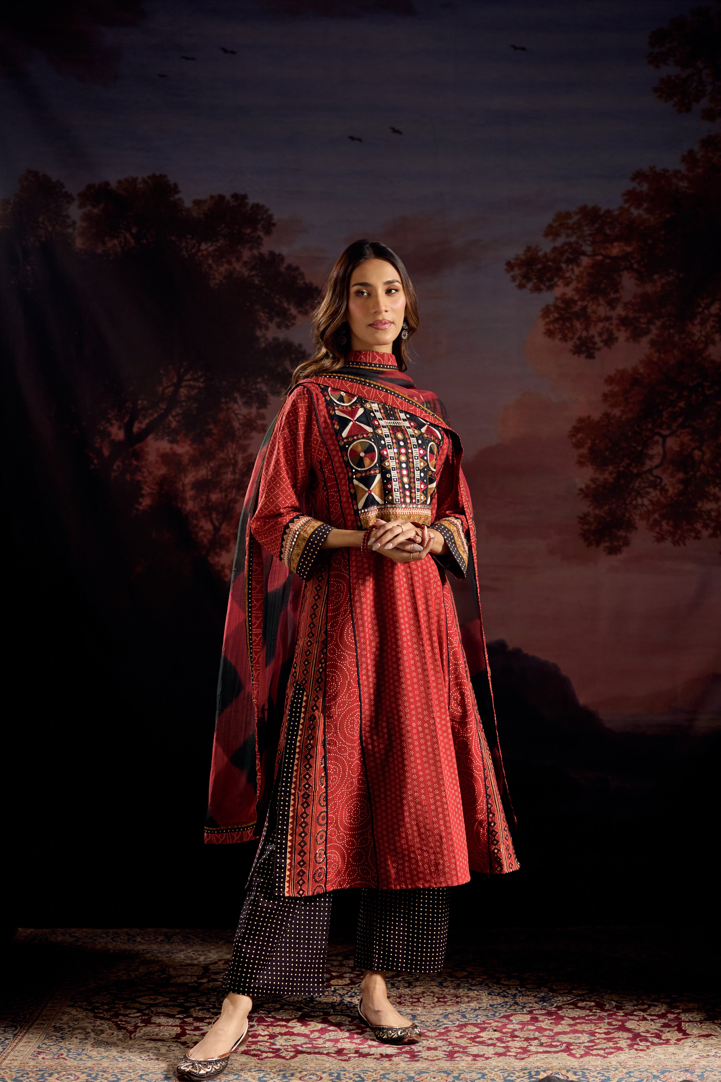 Adya Cotton Ajrakh Printed Embroidered Kurta Maroon