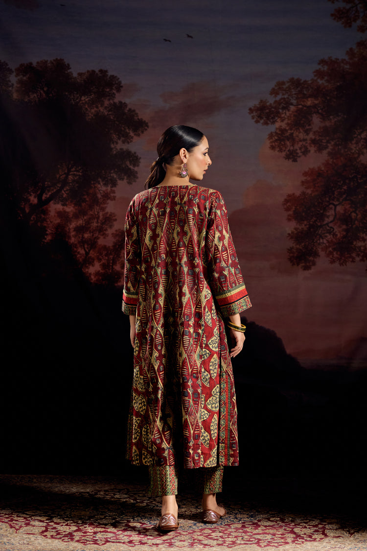 Adya Cotton Printed Kurta Red Green (Set Of 2)