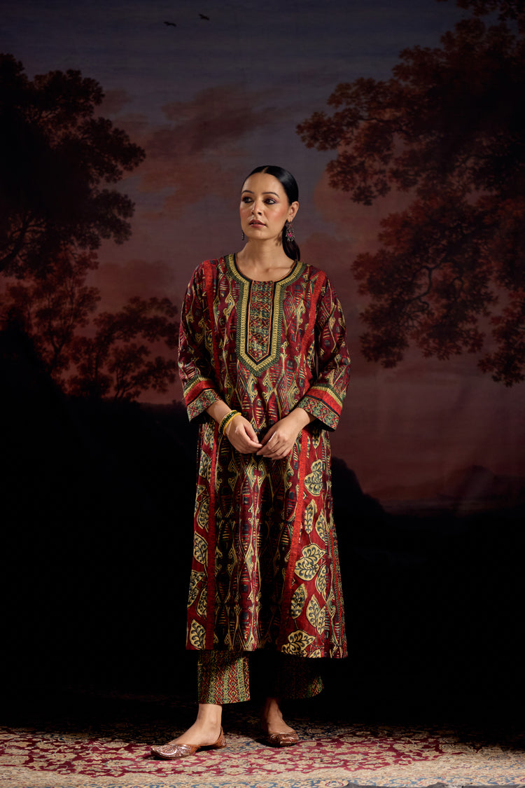 Adya Cotton Printed Kurta Red Green (Set Of 2)