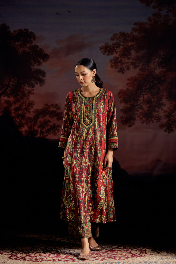 Adya Cotton Printed Kurta Red Green (Set Of 2)