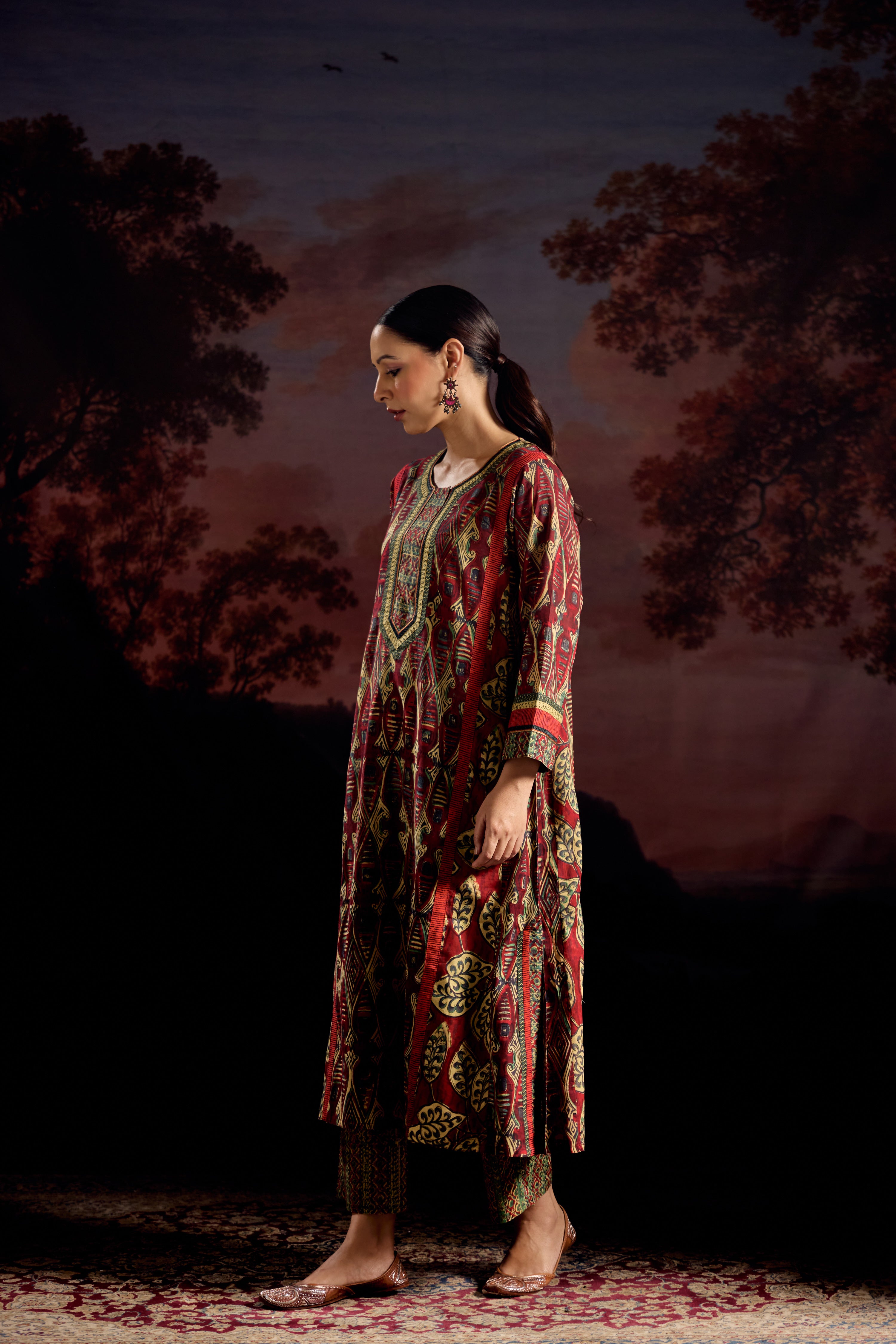 Adya Cotton Printed Kurta Red Green (Set Of 2)