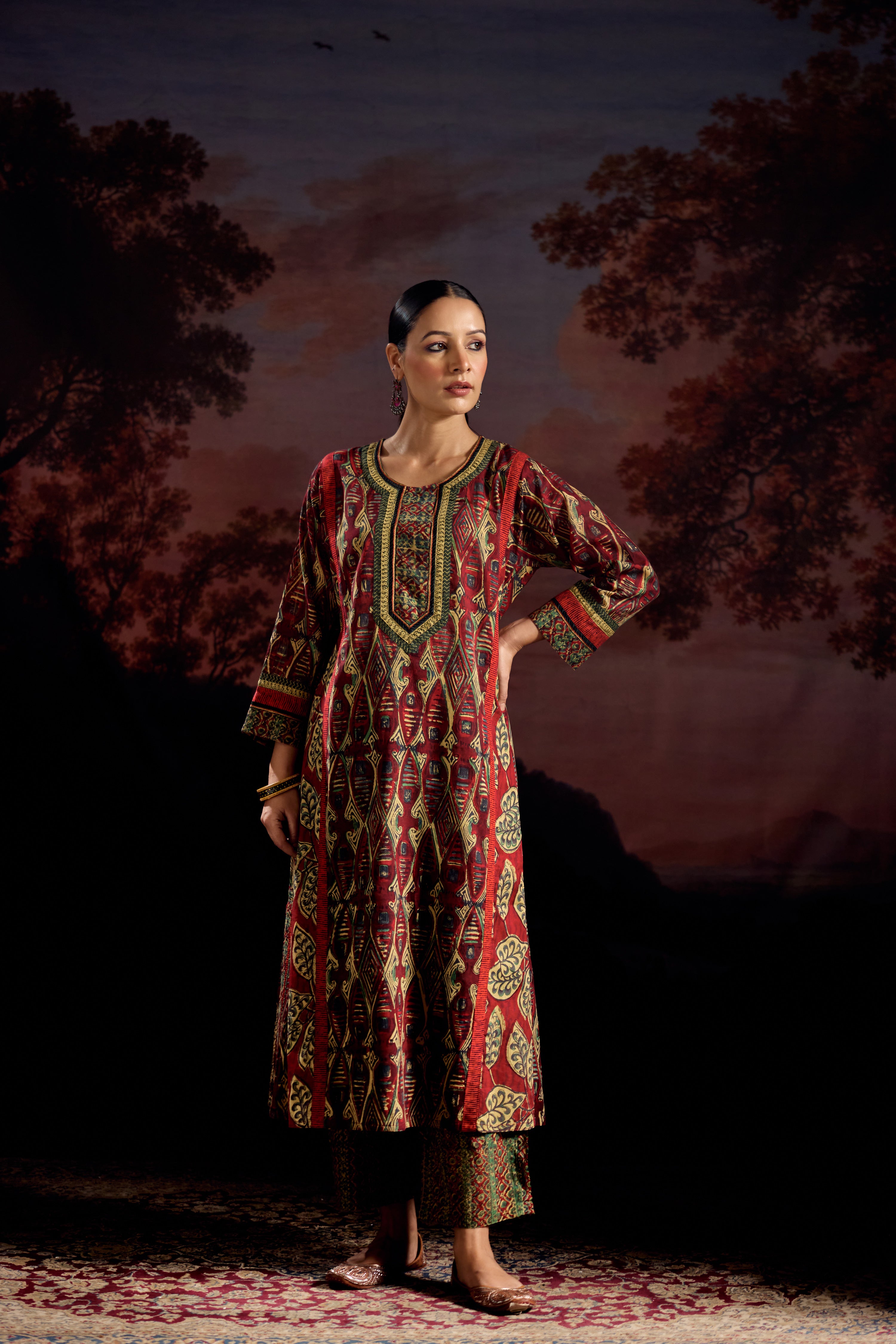 Adya Cotton Printed Kurta Red Green (Set Of 2)