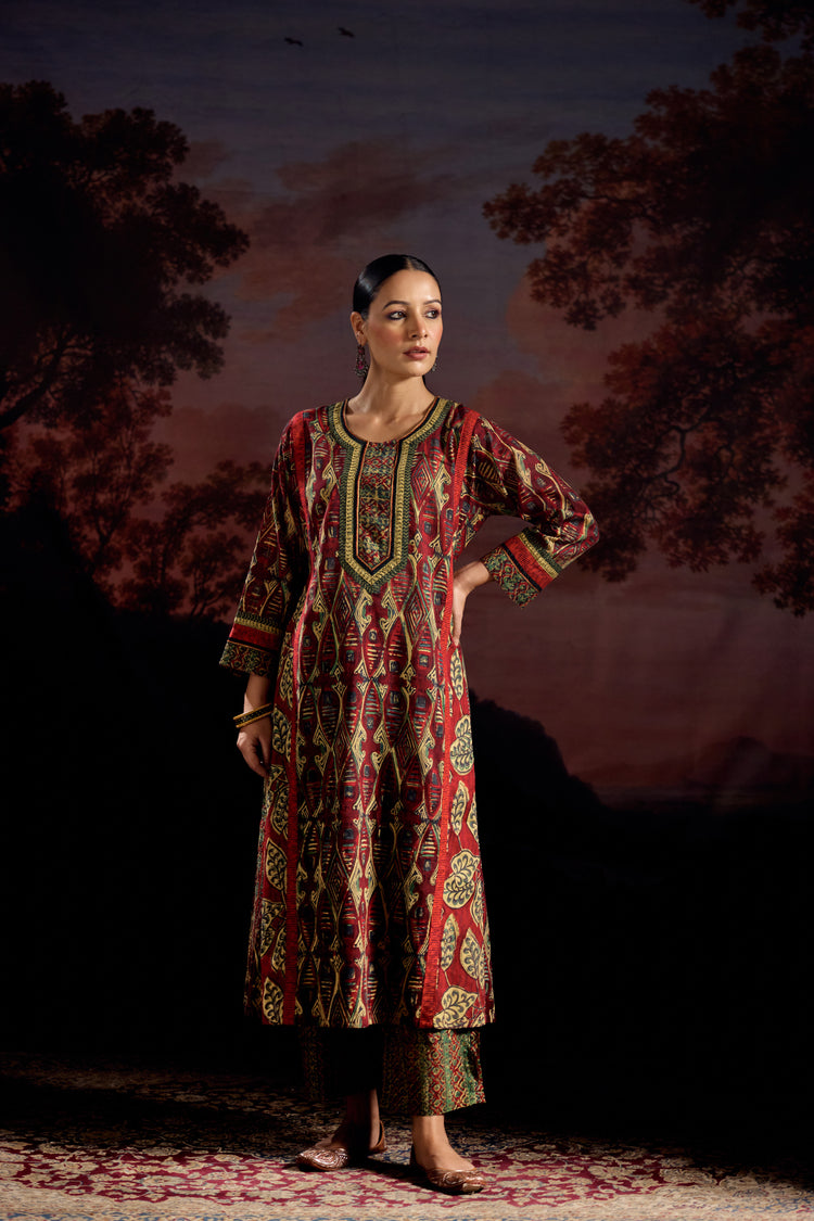 Adya Cotton Printed Kurta Red Green (Set Of 2)