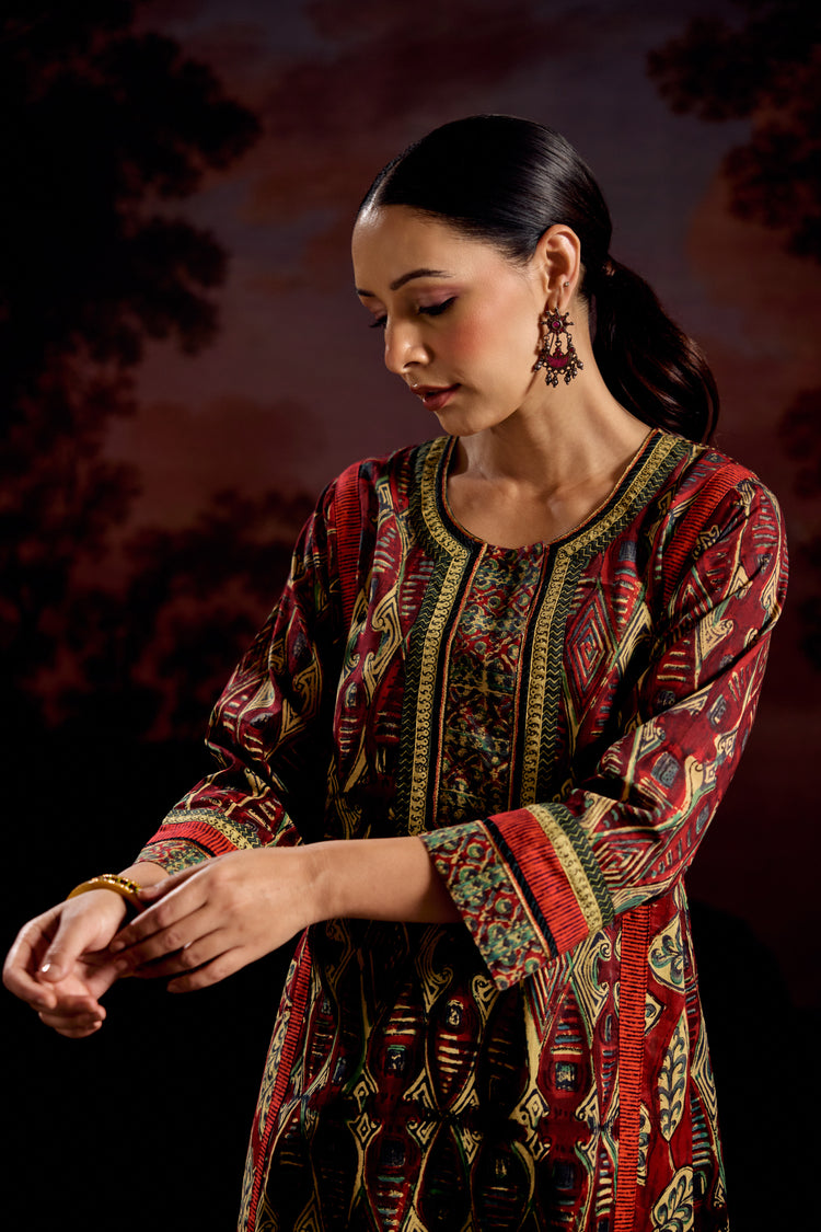 Adya Cotton Printed Kurta Red Green (Set Of 2)