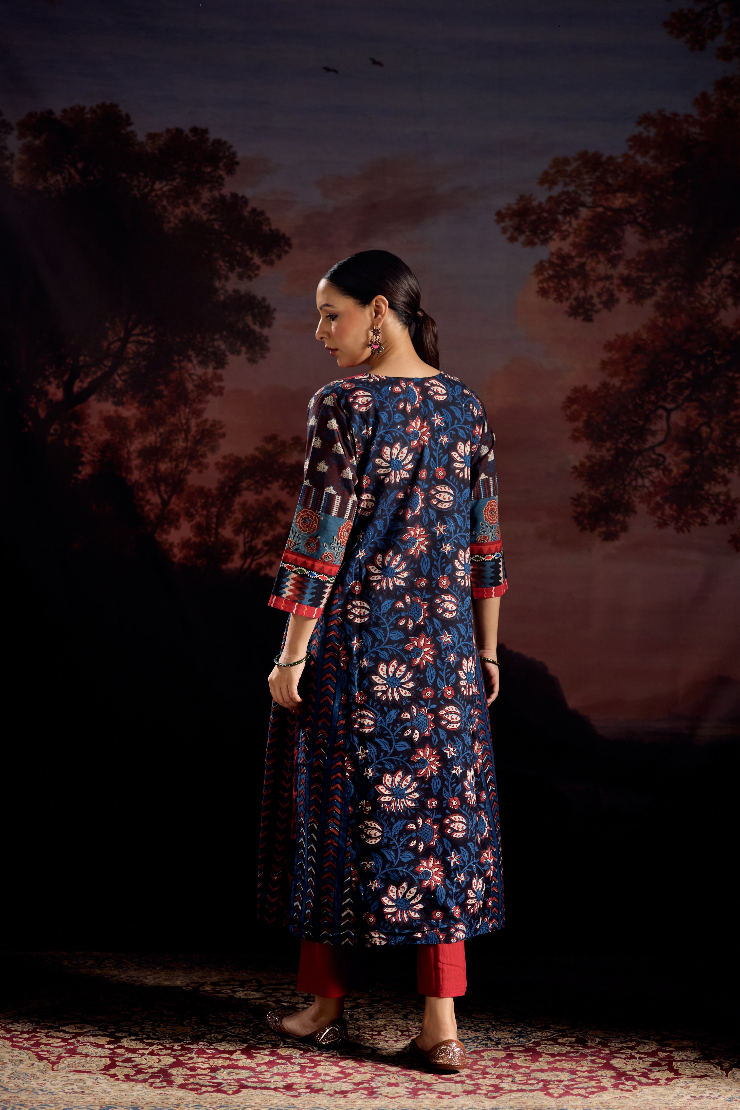 Miran Cotton Hand Block Printed Kurta Black Indigo (Set Of 3)