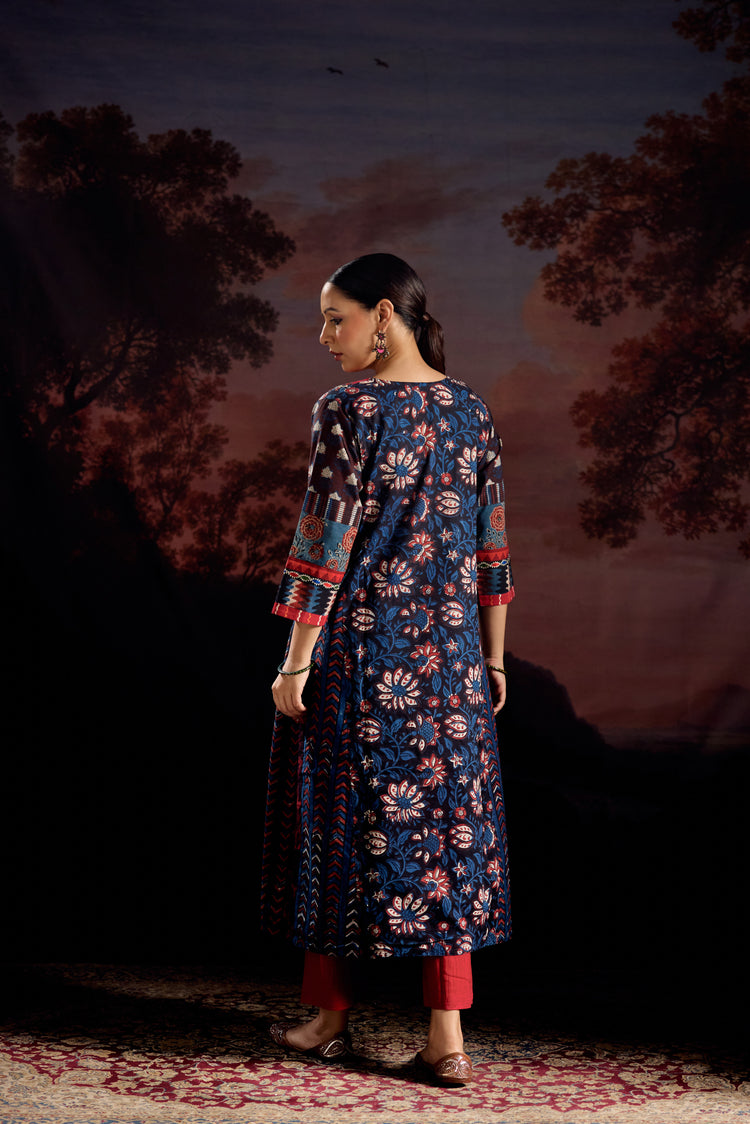 Miran Cotton Hand Block Printed Kurta Black Indigo (Set Of 3)