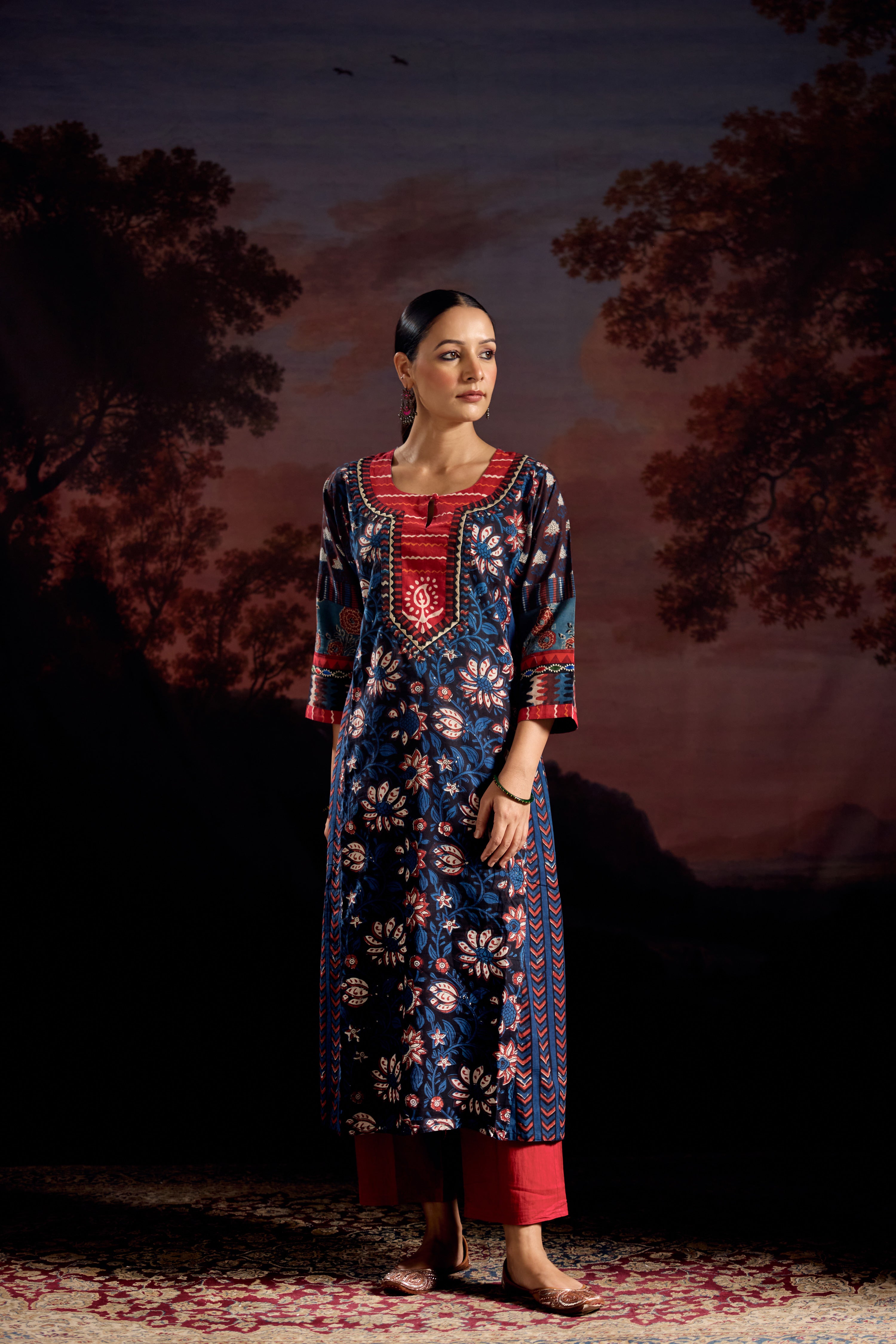 Miran Cotton Hand Block Printed Kurta Black Indigo (Set Of 3)