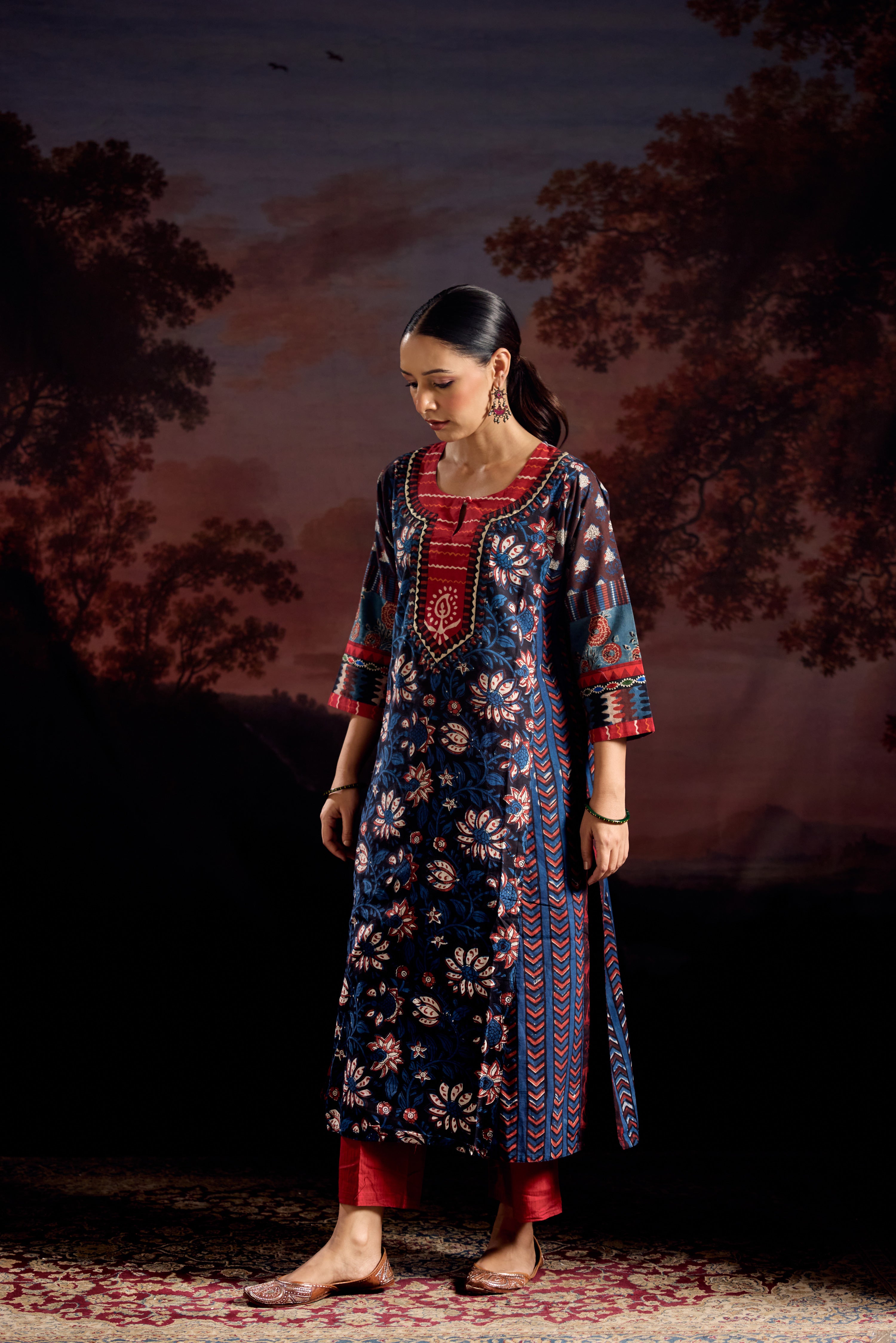 Miran Cotton Hand Block Printed Kurta Black Indigo (Set Of 3)