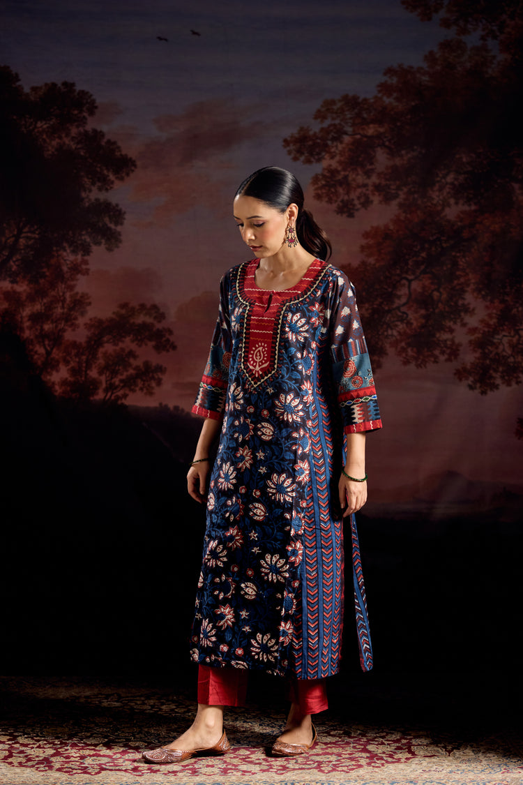 Miran Cotton Hand Block Printed Kurta Black Indigo (Set Of 3)