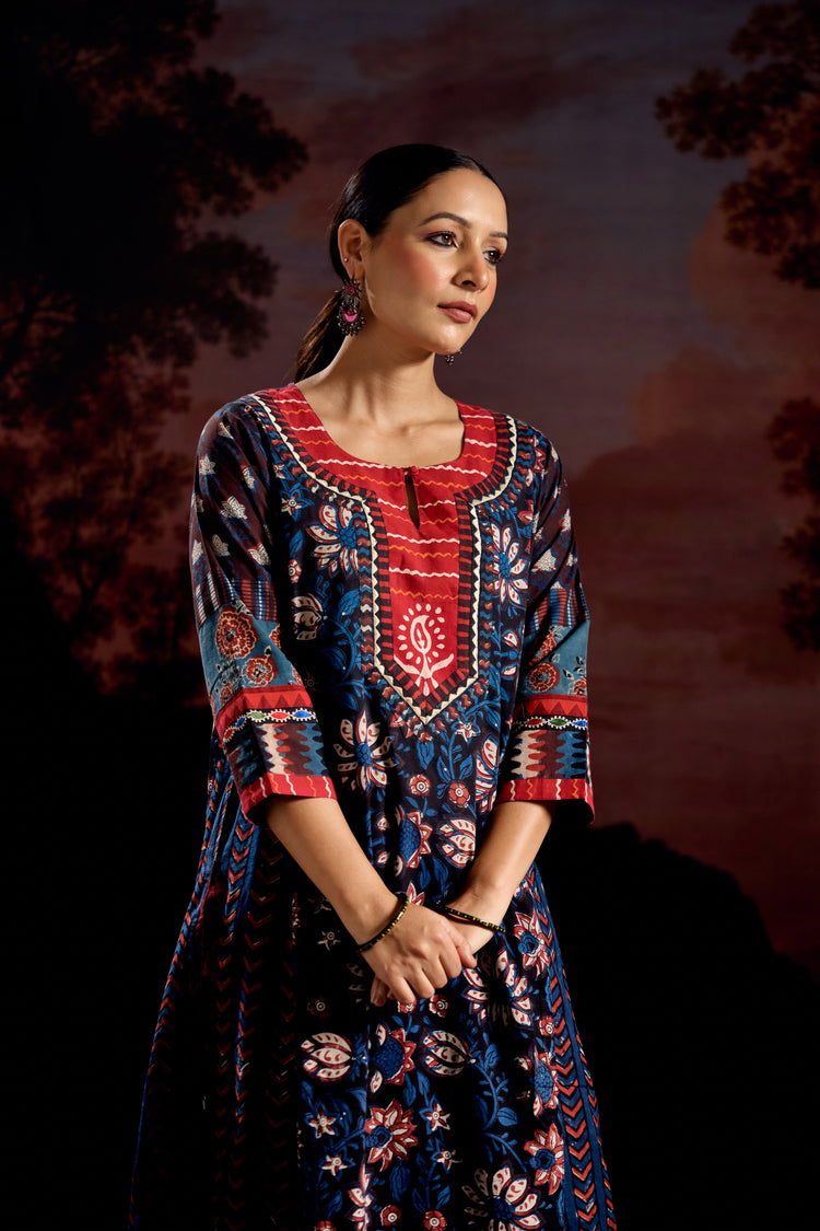 Miran Cotton Hand Block Printed Kurta Black Indigo (Set Of 3)