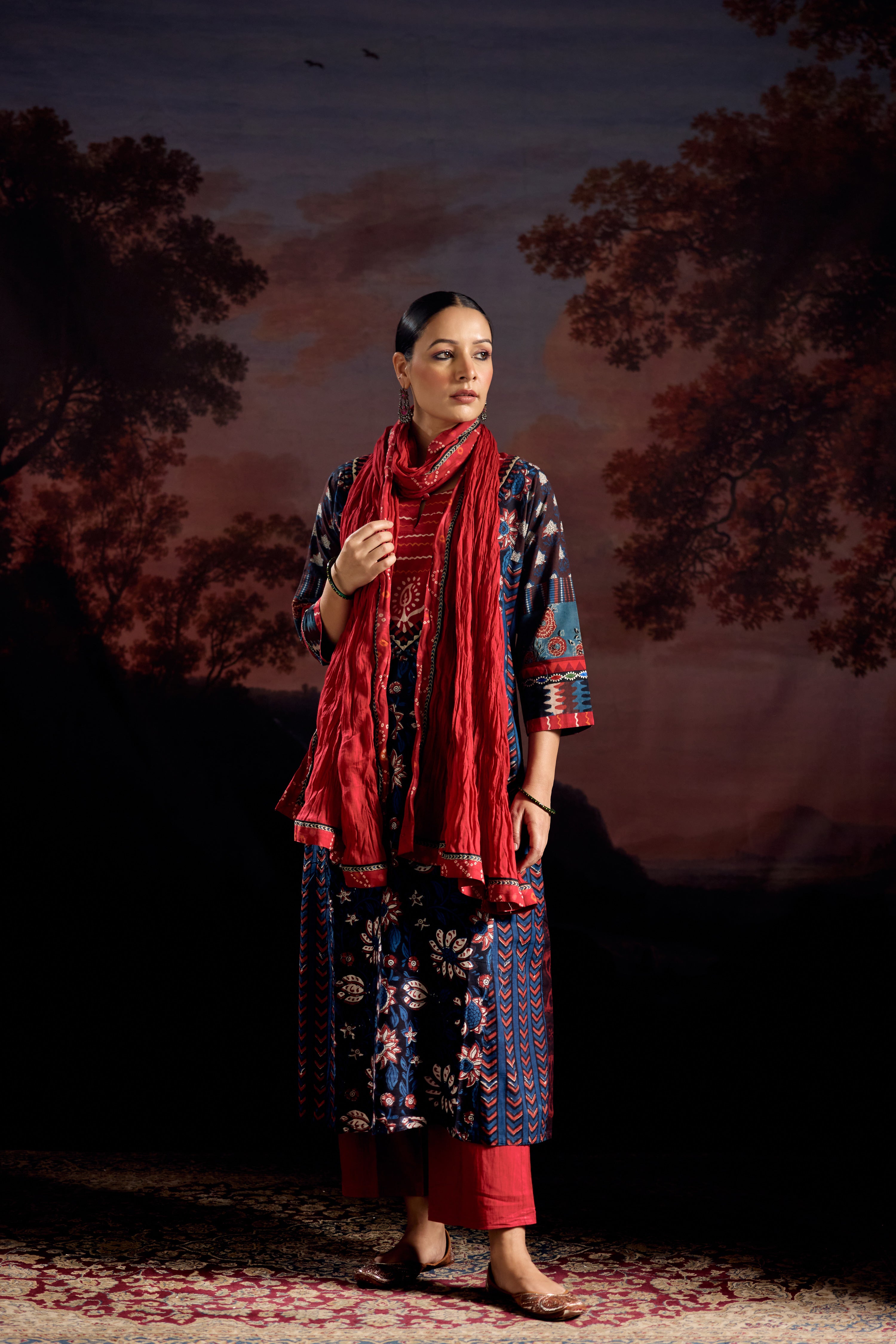 Miran Cotton Hand Block Printed Kurta Black Indigo (Set Of 3)