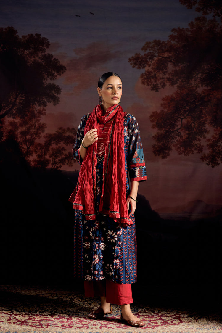 Miran Cotton Hand Block Printed Kurta Black Indigo (Set Of 3)