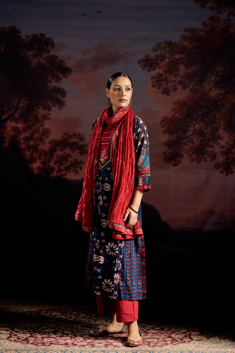 Miran Cotton Hand Block Printed Kurta Black Indigo (Set Of 3)