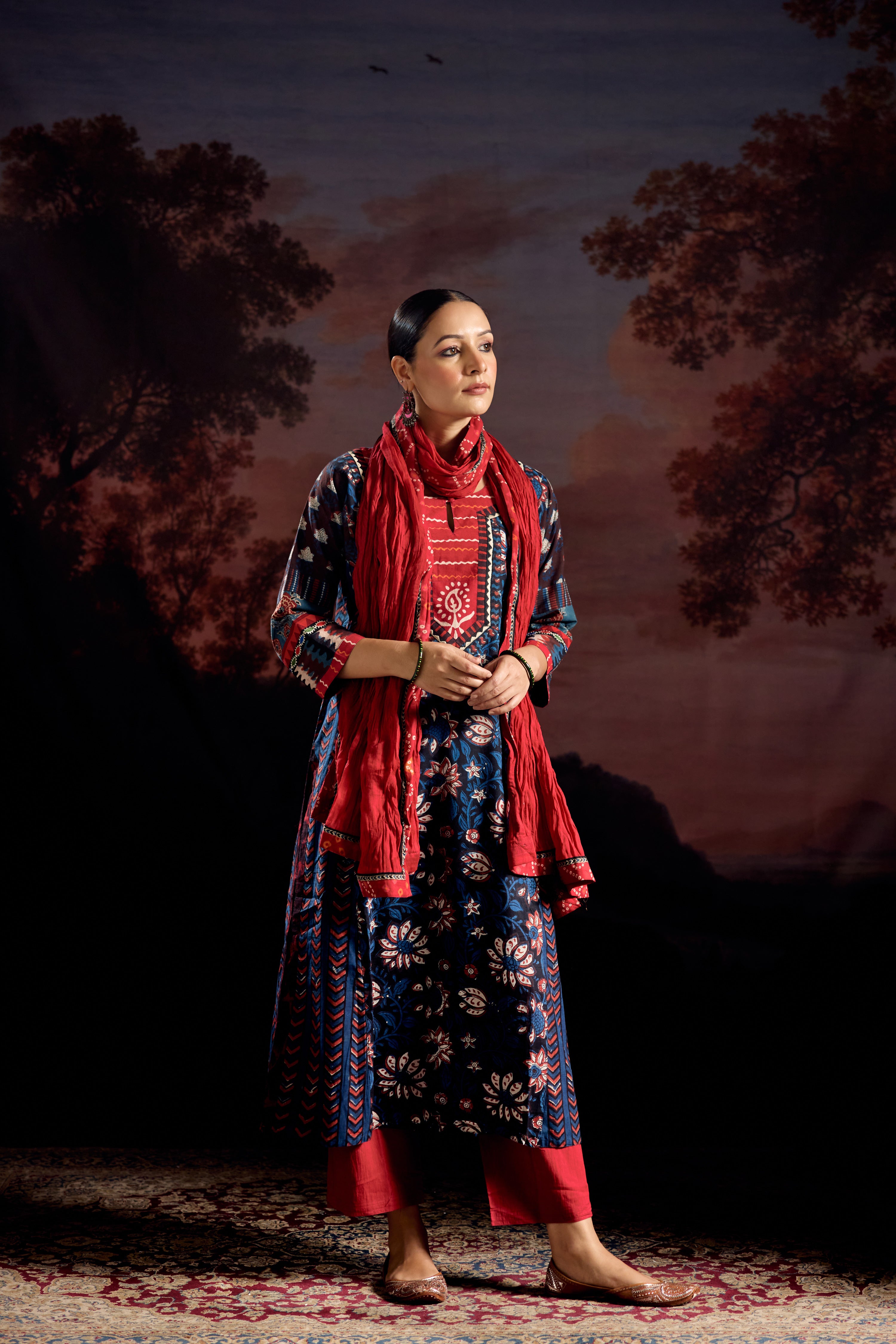 Miran Cotton Hand Block Printed Kurta Black Indigo (Set Of 3)