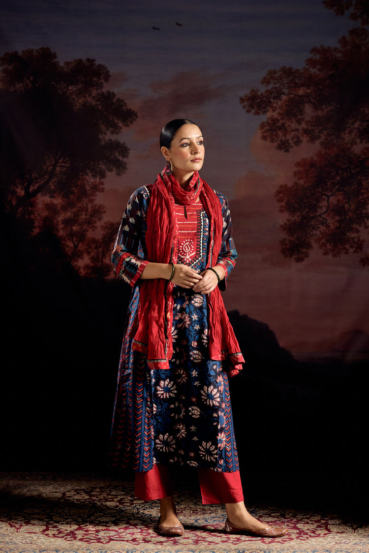 Miran Cotton Hand Block Printed Kurta Black Indigo (Set Of 3)