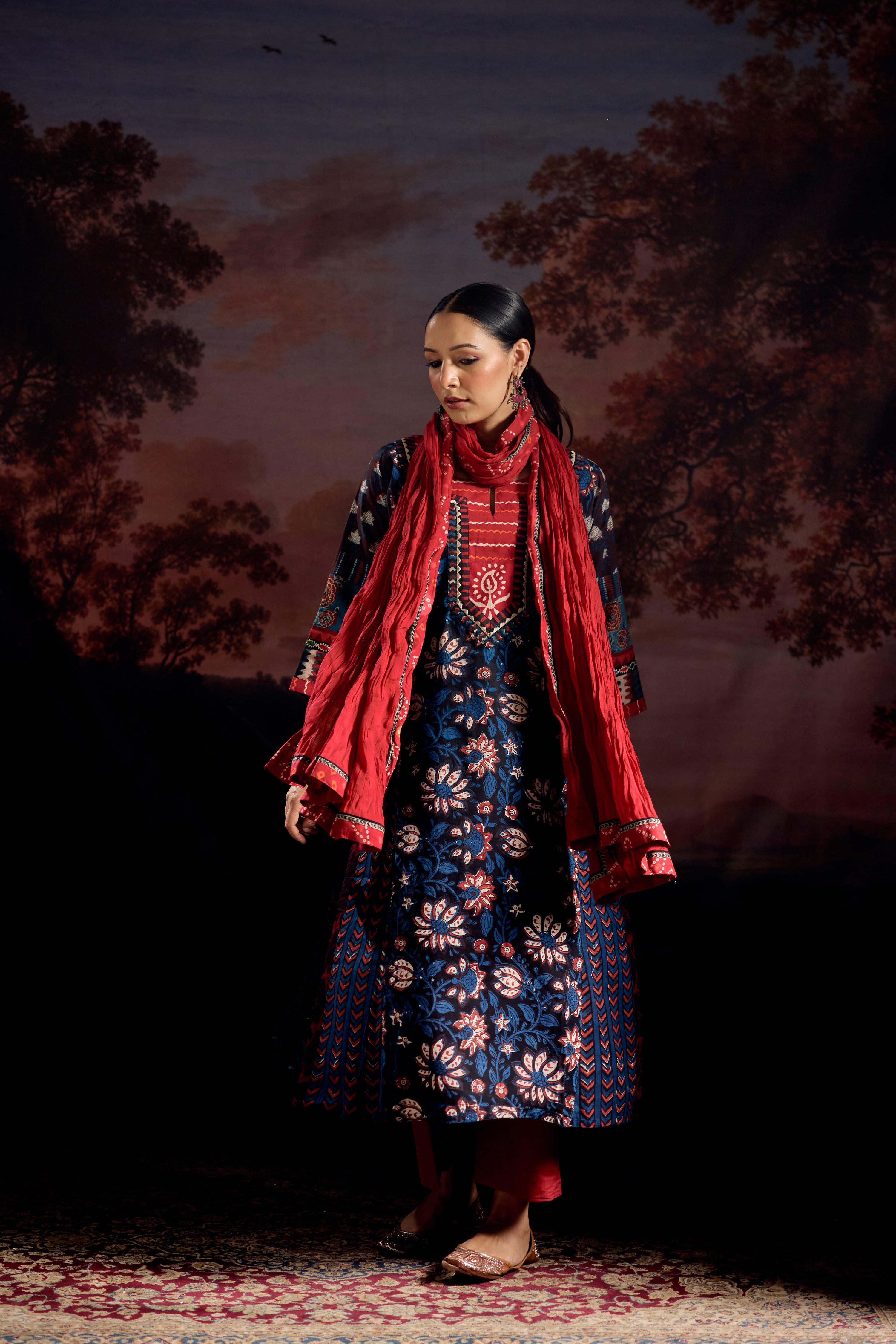 Miran Cotton Hand Block Printed Kurta Black Indigo (Set Of 3)