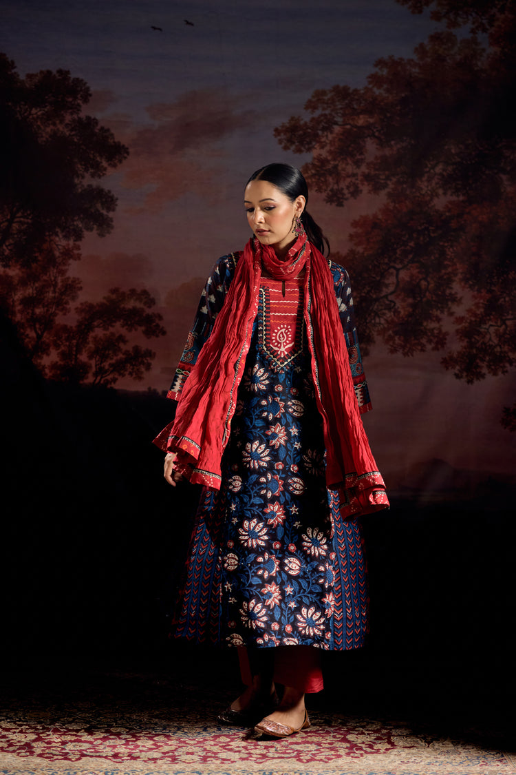 Miran Cotton Hand Block Printed Kurta Black Indigo (Set Of 3)