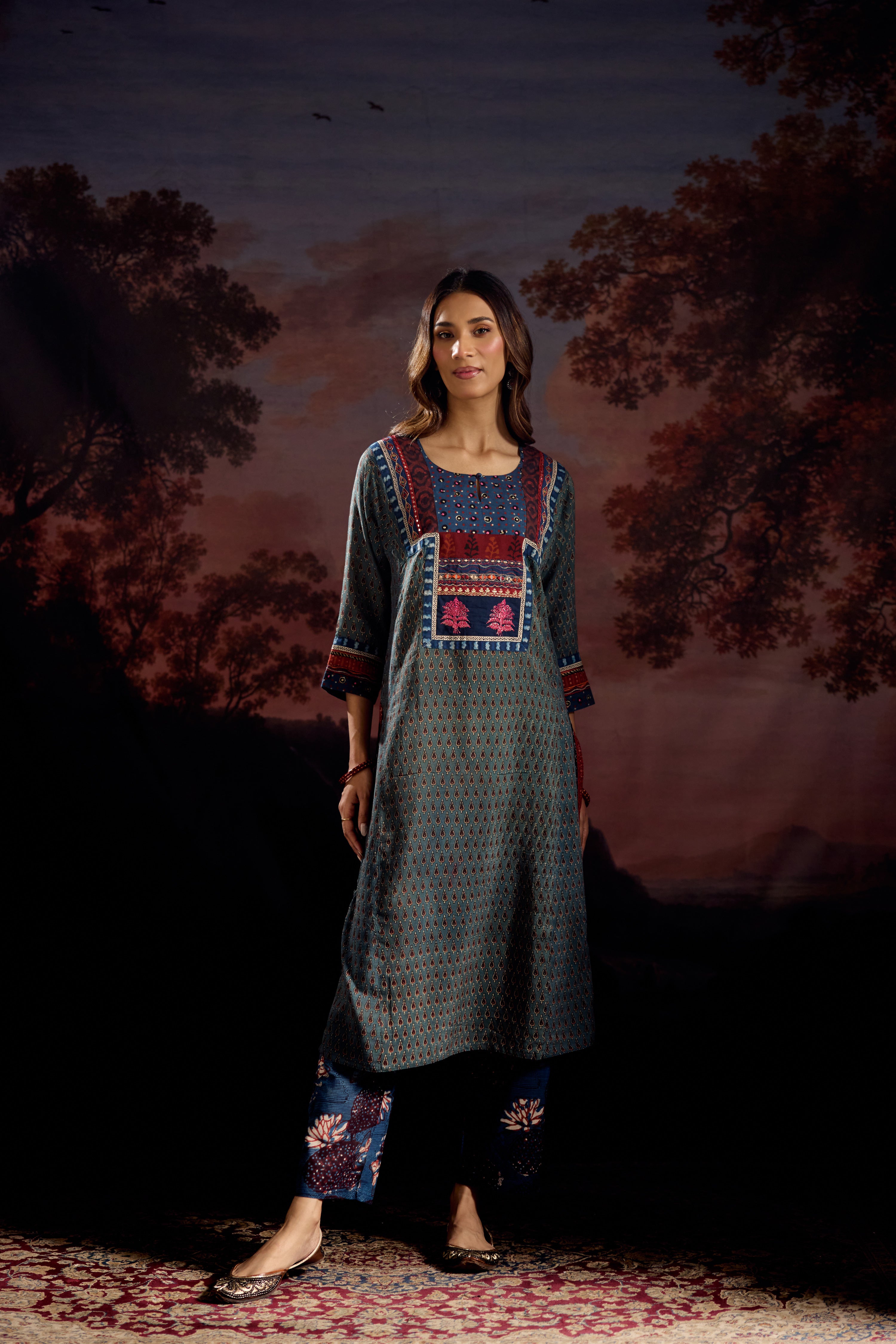 Rozana Assam Silk Vanaspati Printed Kurta Teal (Set Of 3)