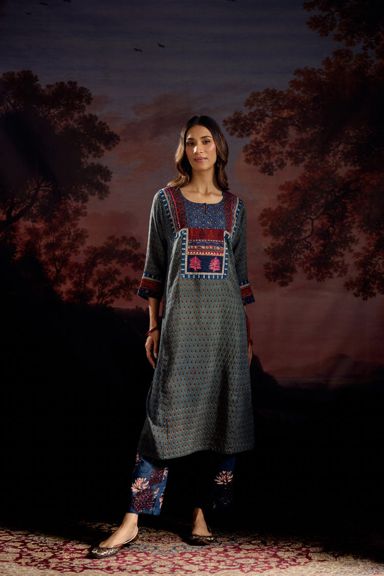 Rozana Assam Silk Vanaspati Printed Kurta Teal (Set Of 3)