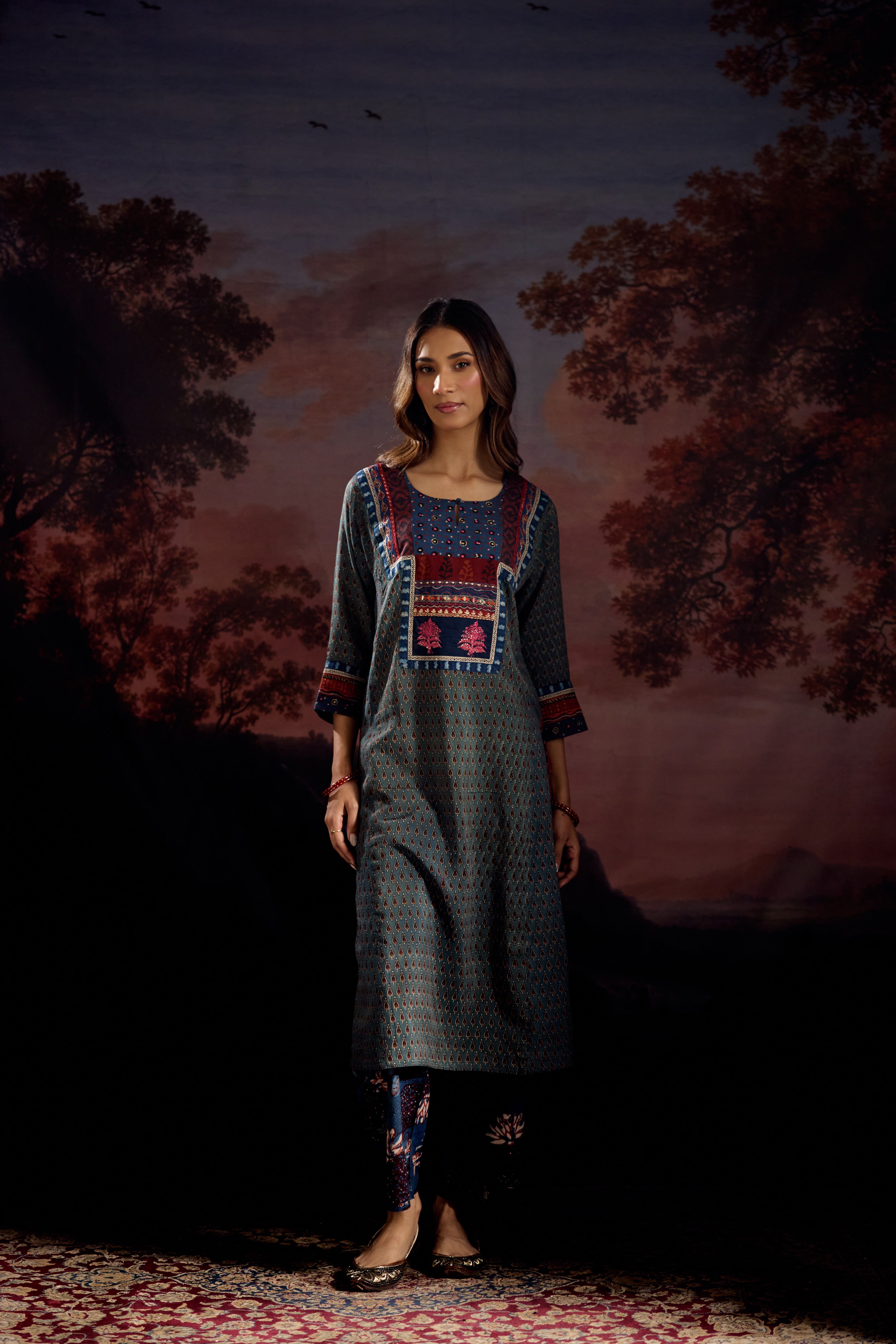 Rozana Assam Silk Vanaspati Printed Kurta Teal (Set Of 3)