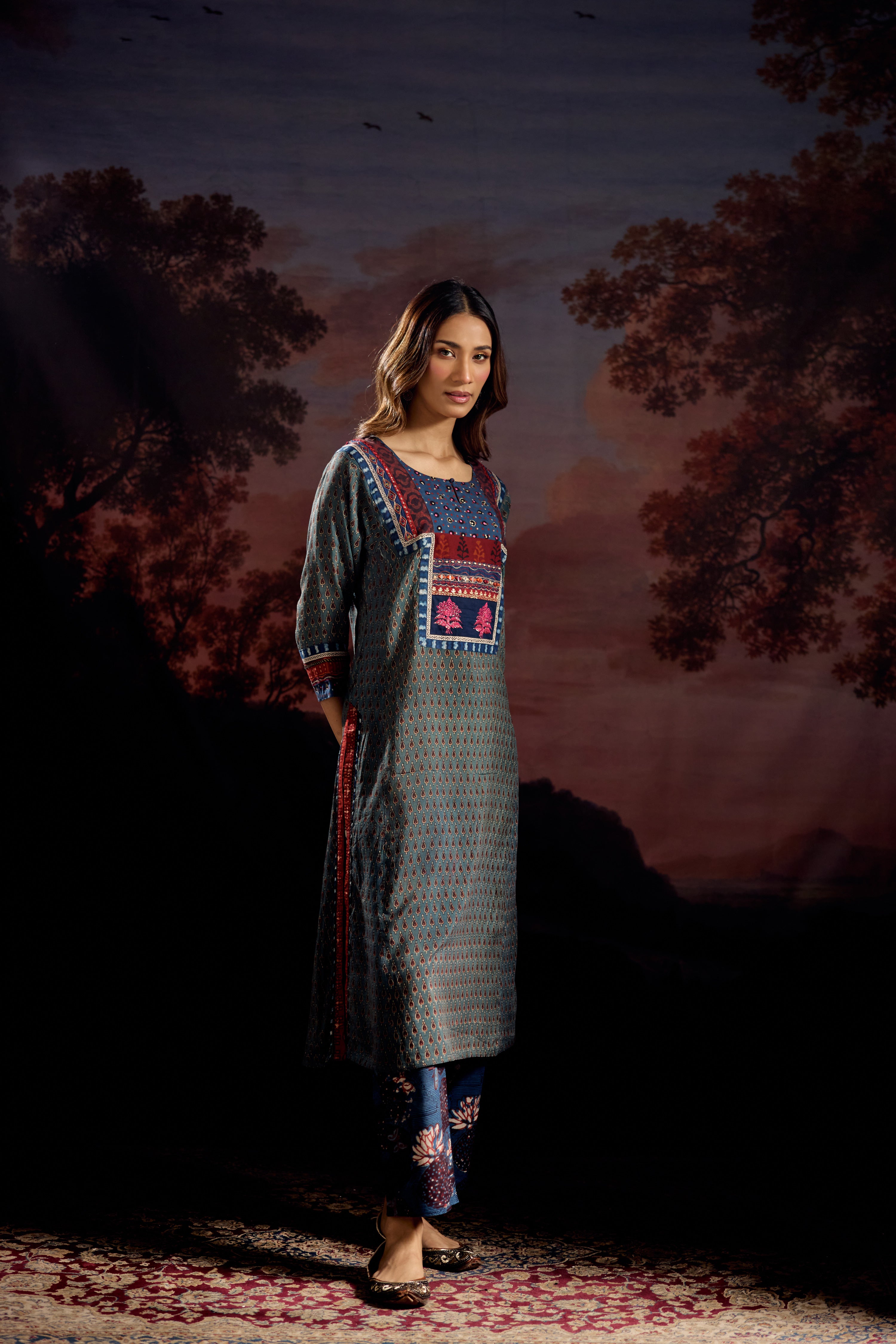 Rozana Assam Silk Vanaspati Printed Kurta Teal (Set Of 3)