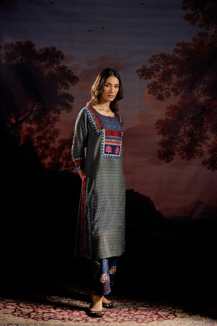 Rozana Assam Silk Vanaspati Printed Kurta Teal (Set Of 3)