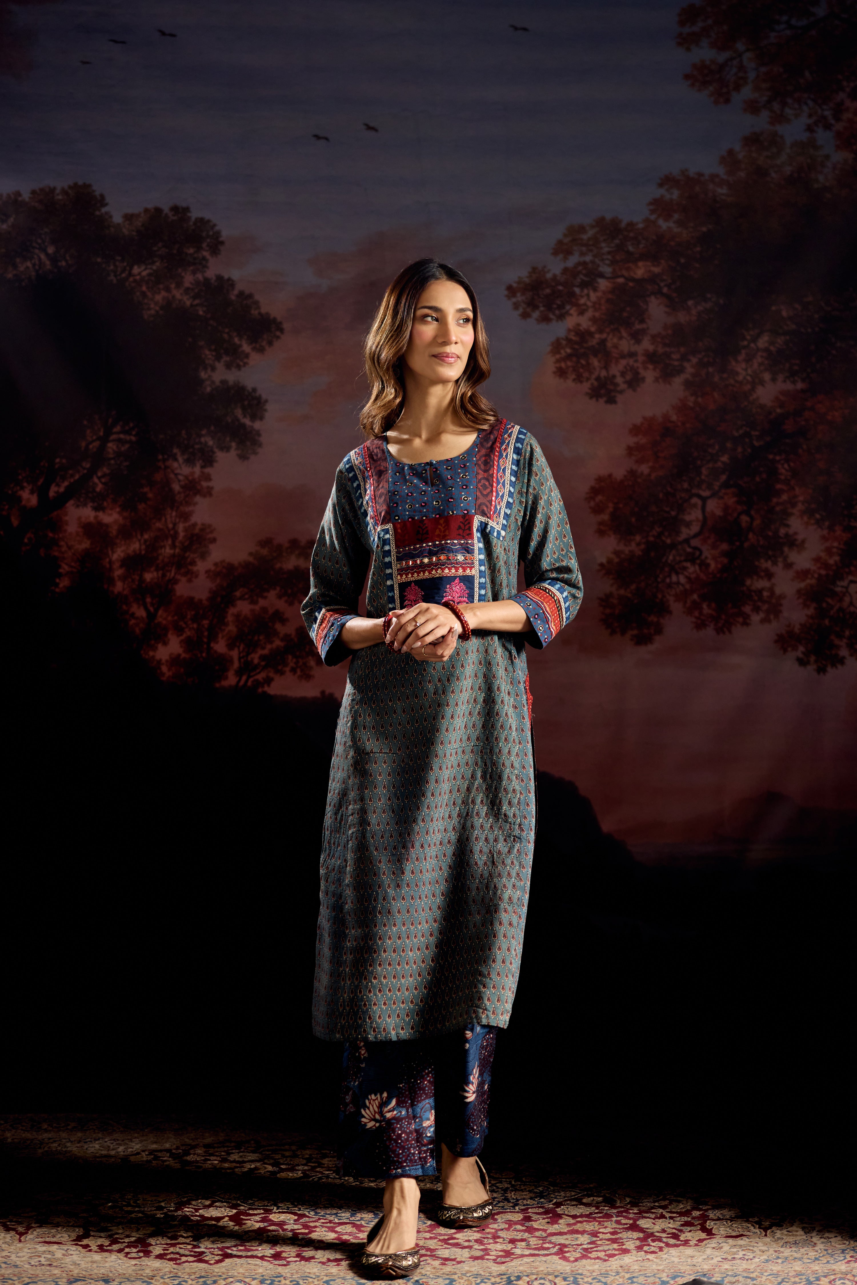 Rozana Assam Silk Vanaspati Printed Kurta Teal (Set Of 3)