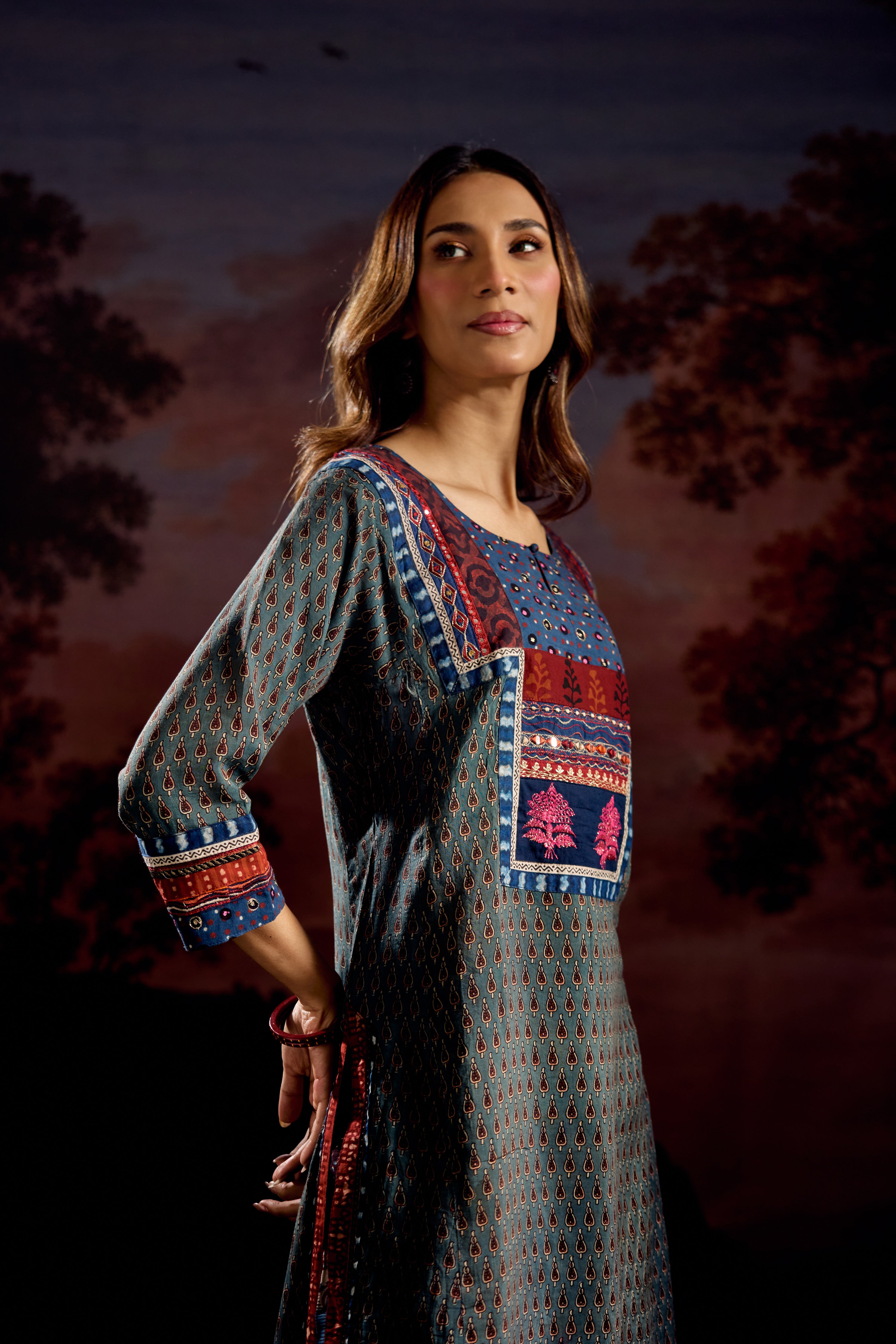 Rozana Assam Silk Vanaspati Printed Kurta Teal (Set Of 3)