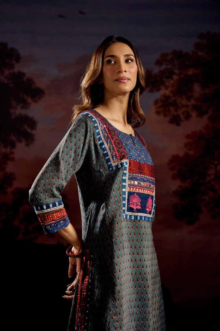 Rozana Assam Silk Vanaspati Printed Kurta Teal (Set Of 3)