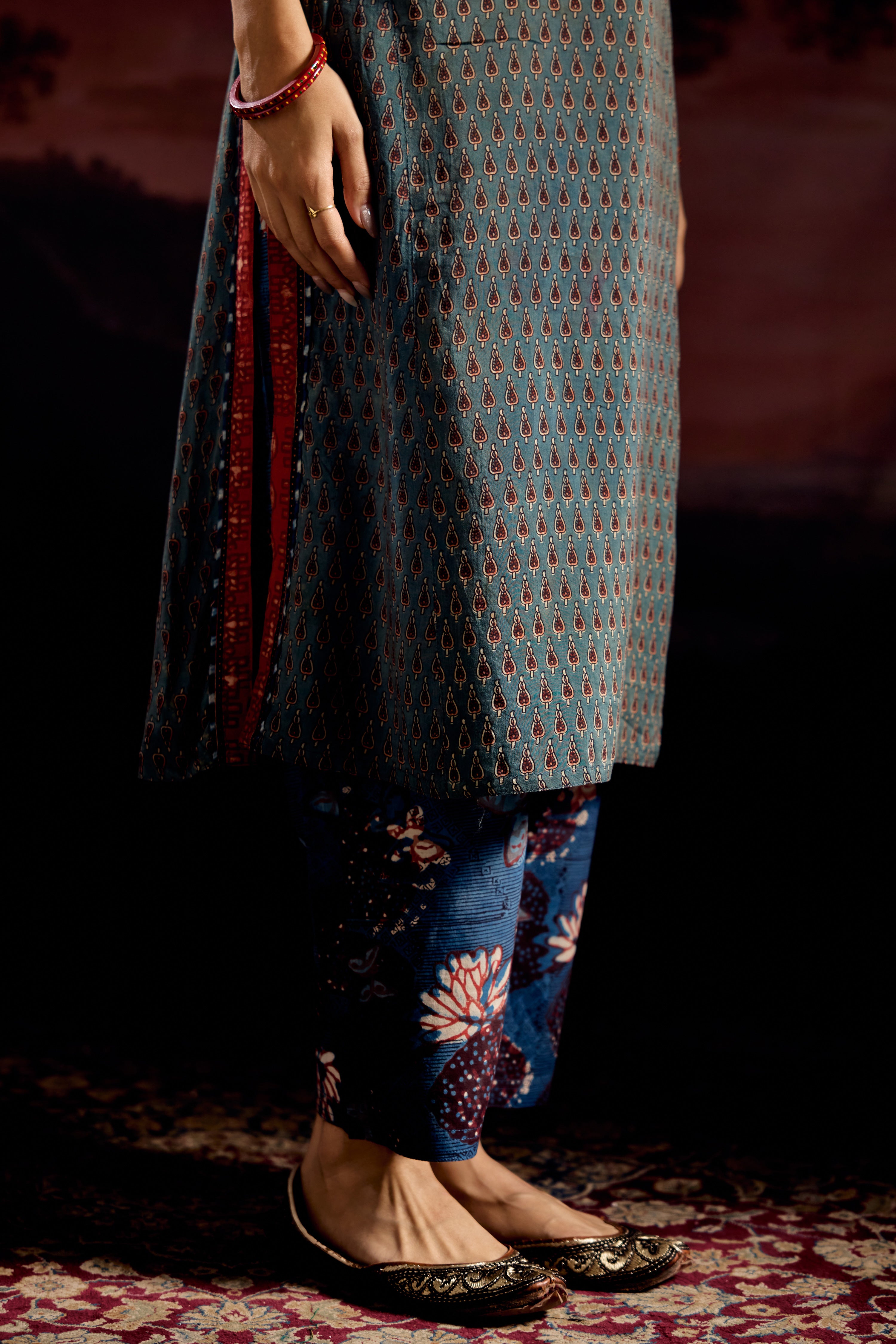 Rozana Assam Silk Vanaspati Printed Kurta Teal (Set Of 3)