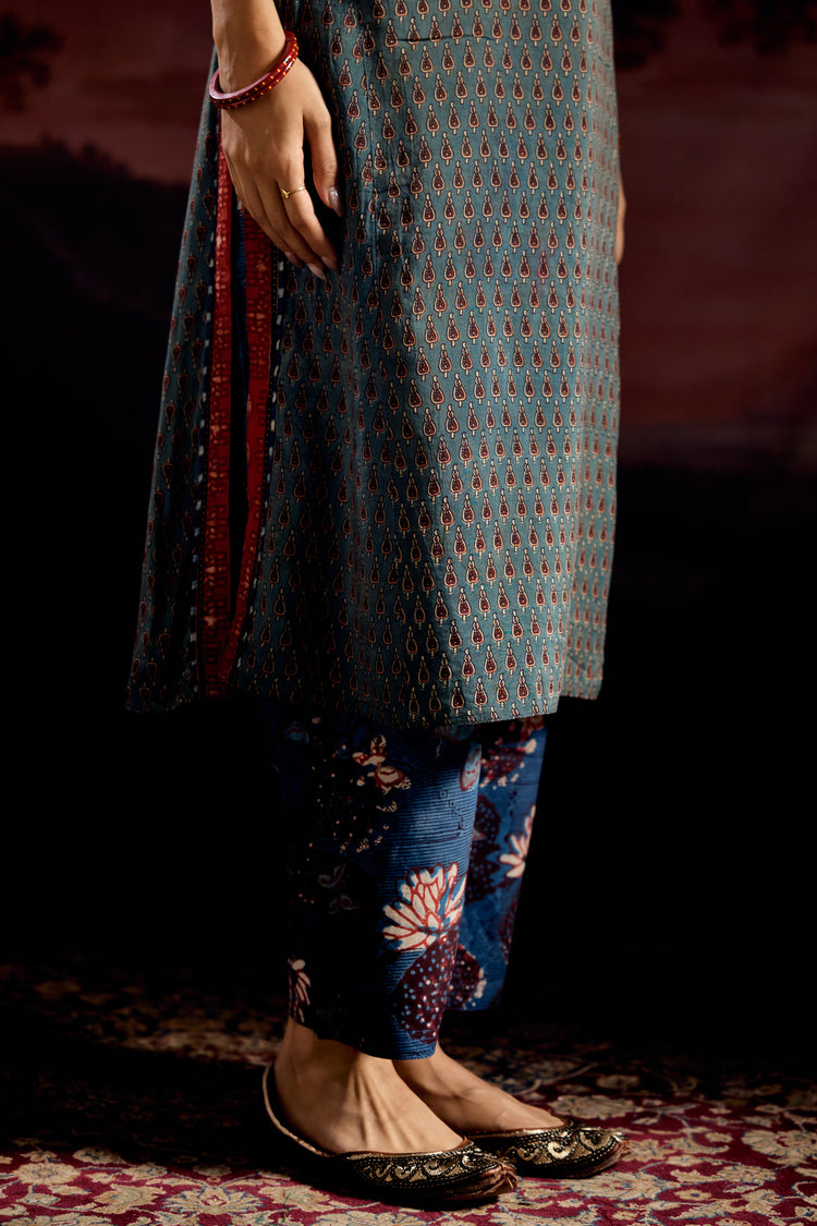 Rozana Assam Silk Vanaspati Printed Kurta Teal (Set Of 3)