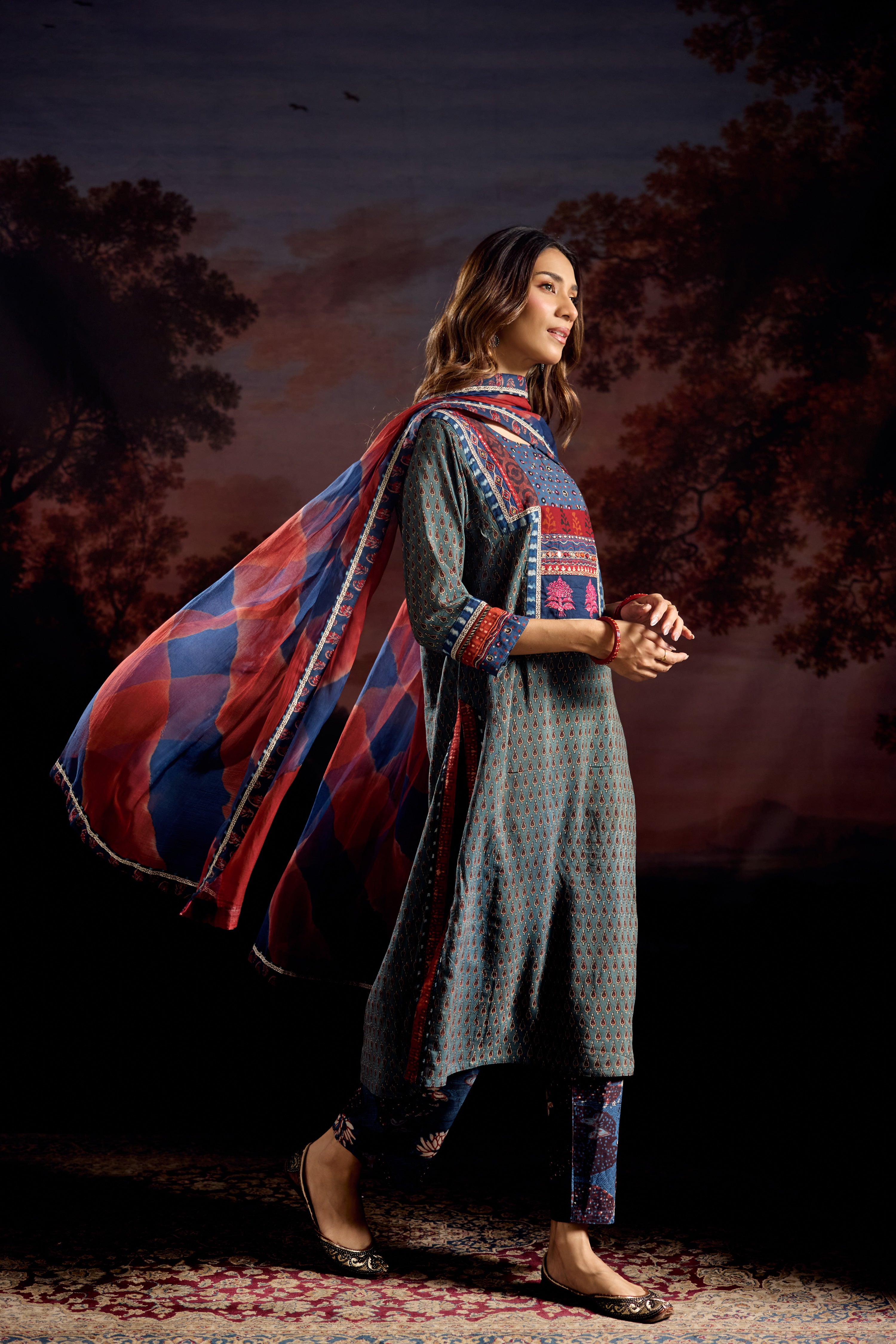 Rozana Assam Silk Vanaspati Printed Kurta Teal (Set Of 3)