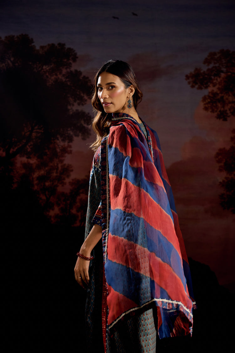 Rozana Assam Silk Vanaspati Printed Kurta Teal (Set Of 3)