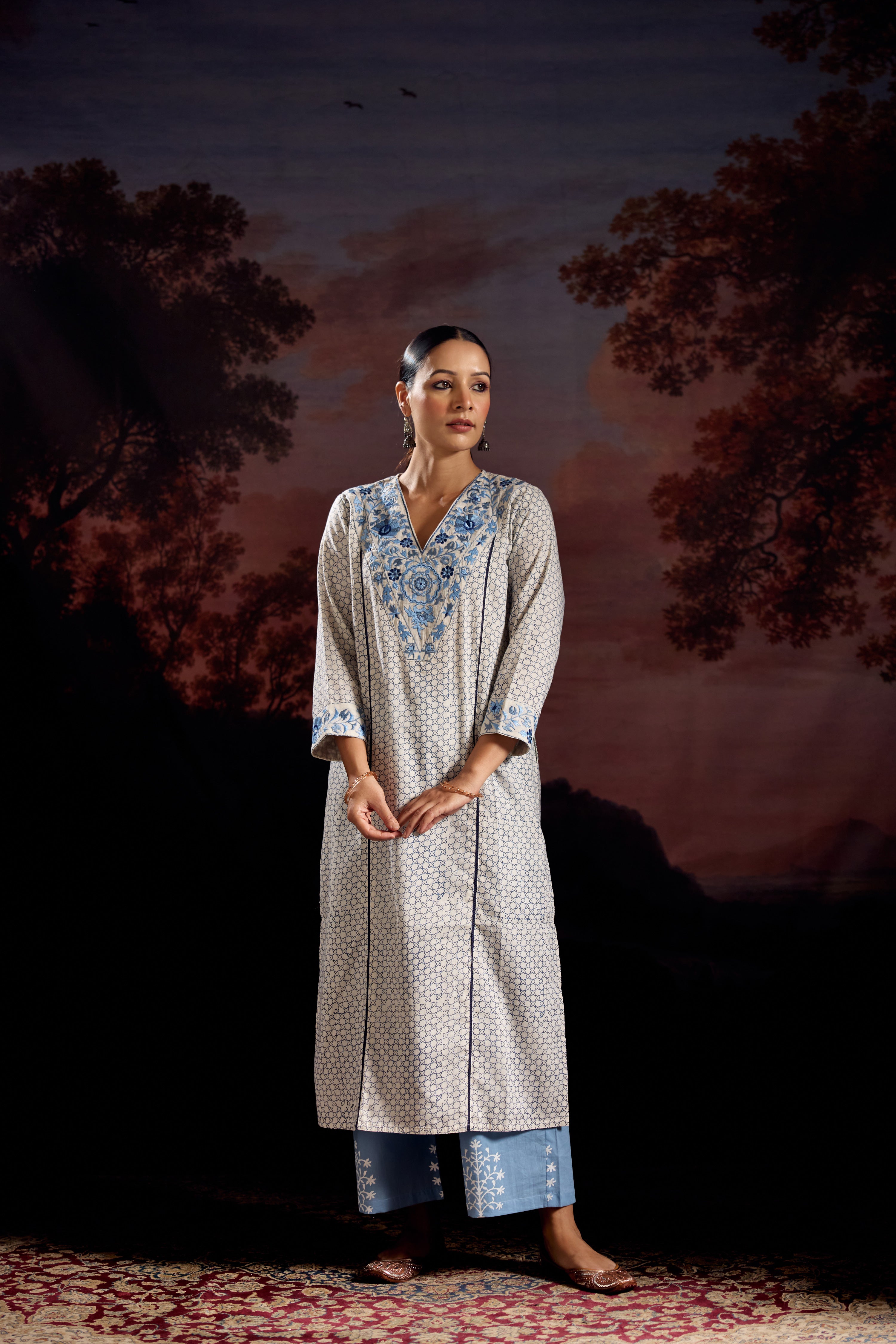 Daisy Cotton Printed Embroidered Kurta White Blue (Set Of 2)