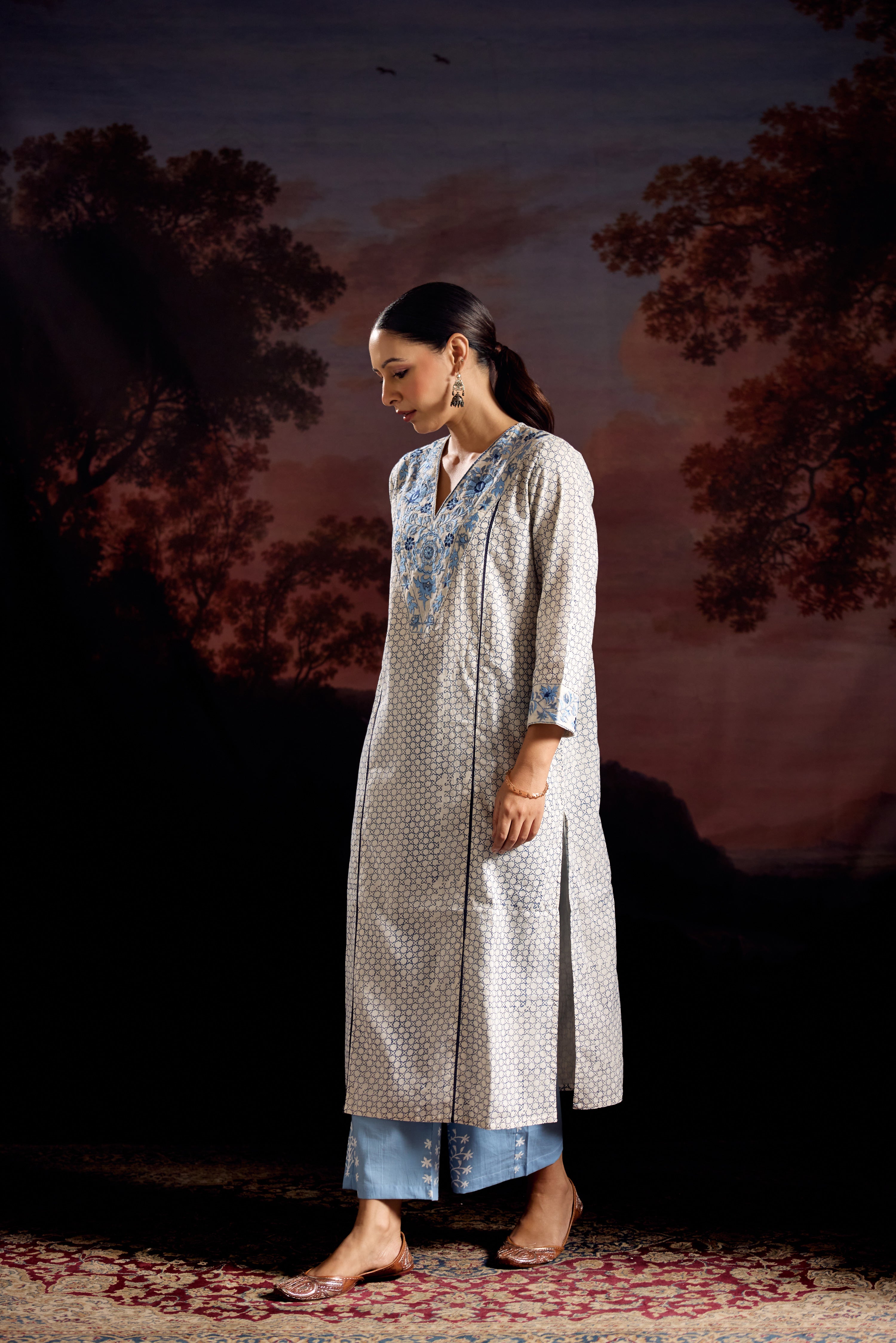 Daisy Cotton Printed Embroidered Kurta White Blue (Set Of 2)