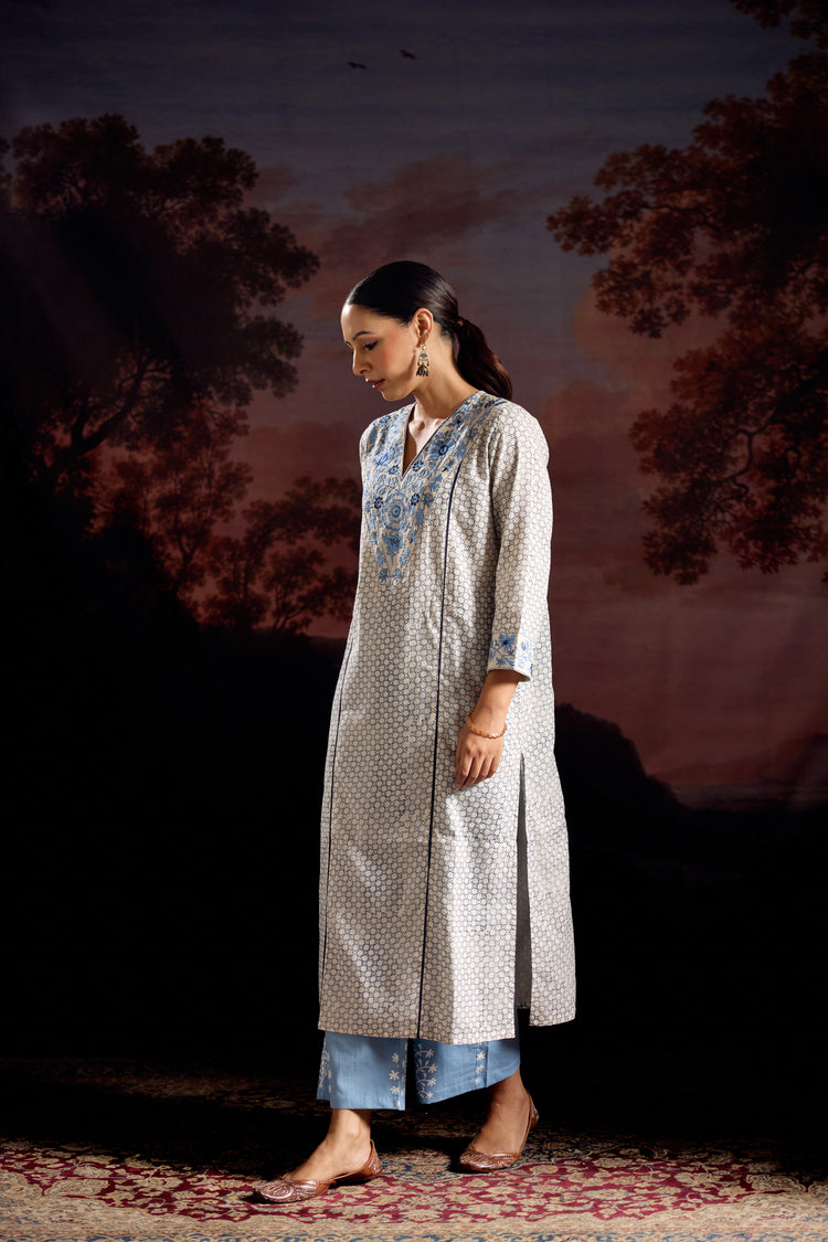 Daisy Cotton Printed Embroidered Kurta White Blue (Set Of 2)