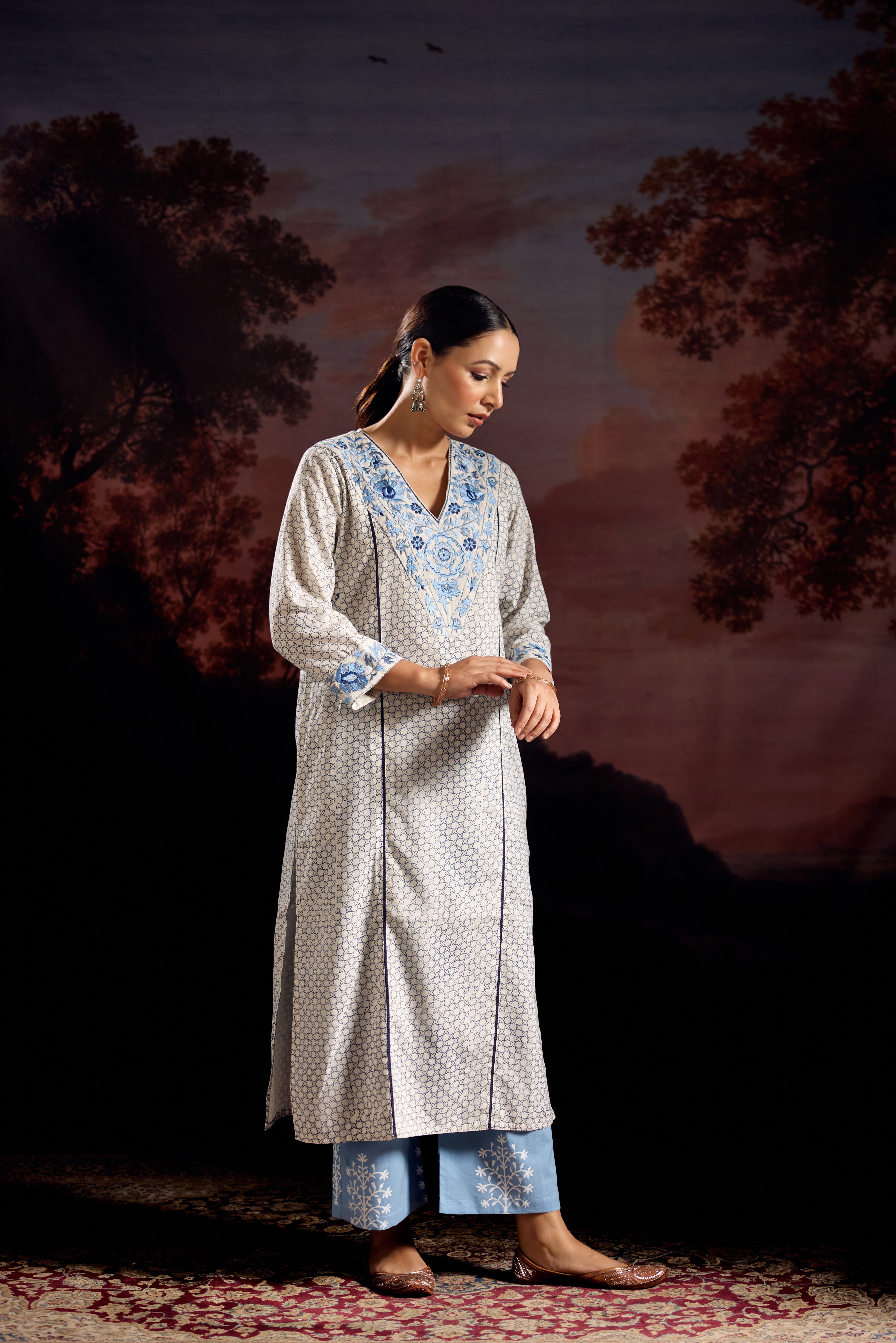 Daisy Cotton Printed Embroidered Kurta White Blue (Set Of 2)